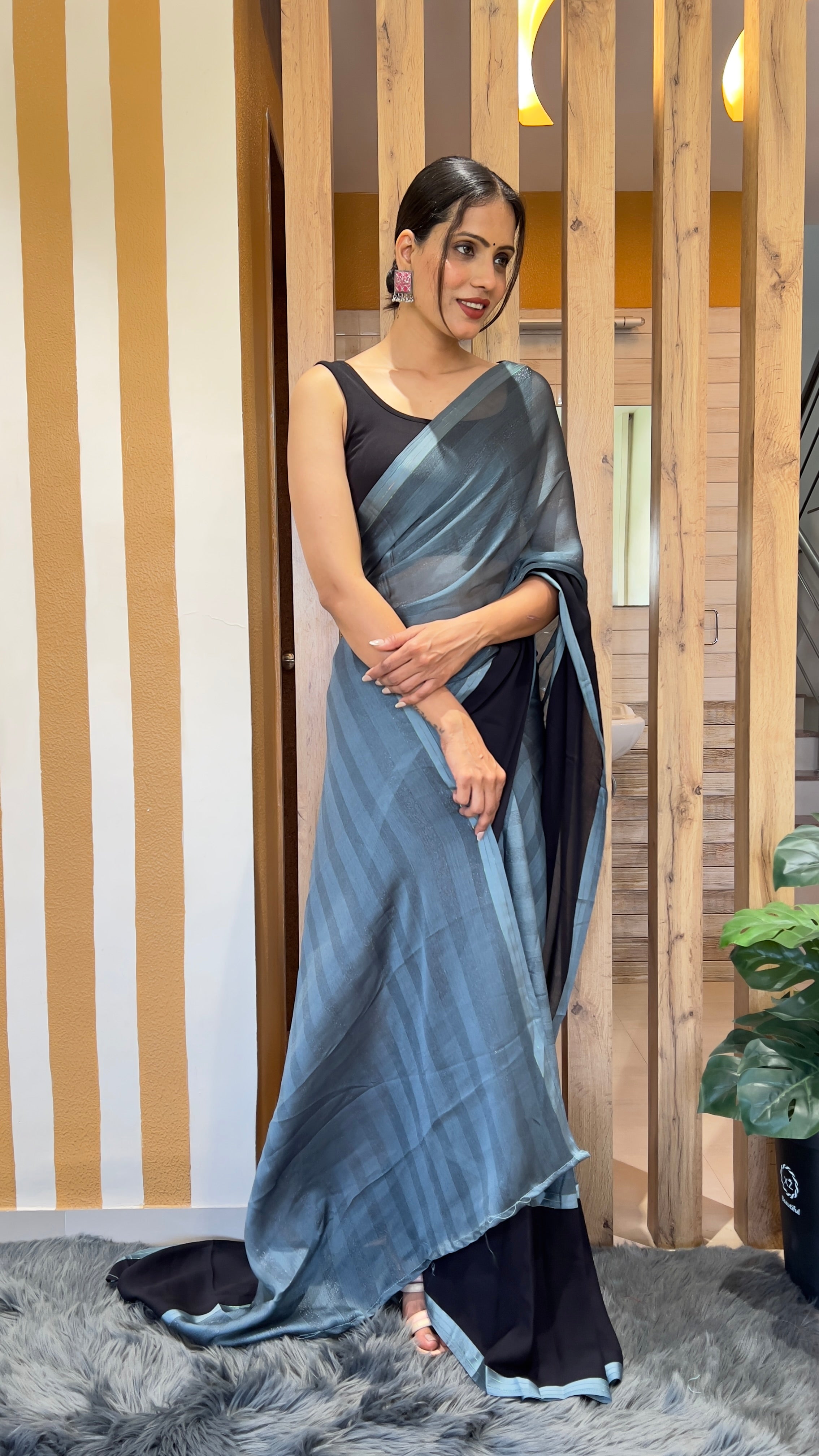 One Minute Ready To Wear Monochrome Elegance Nylone Rimzim saree