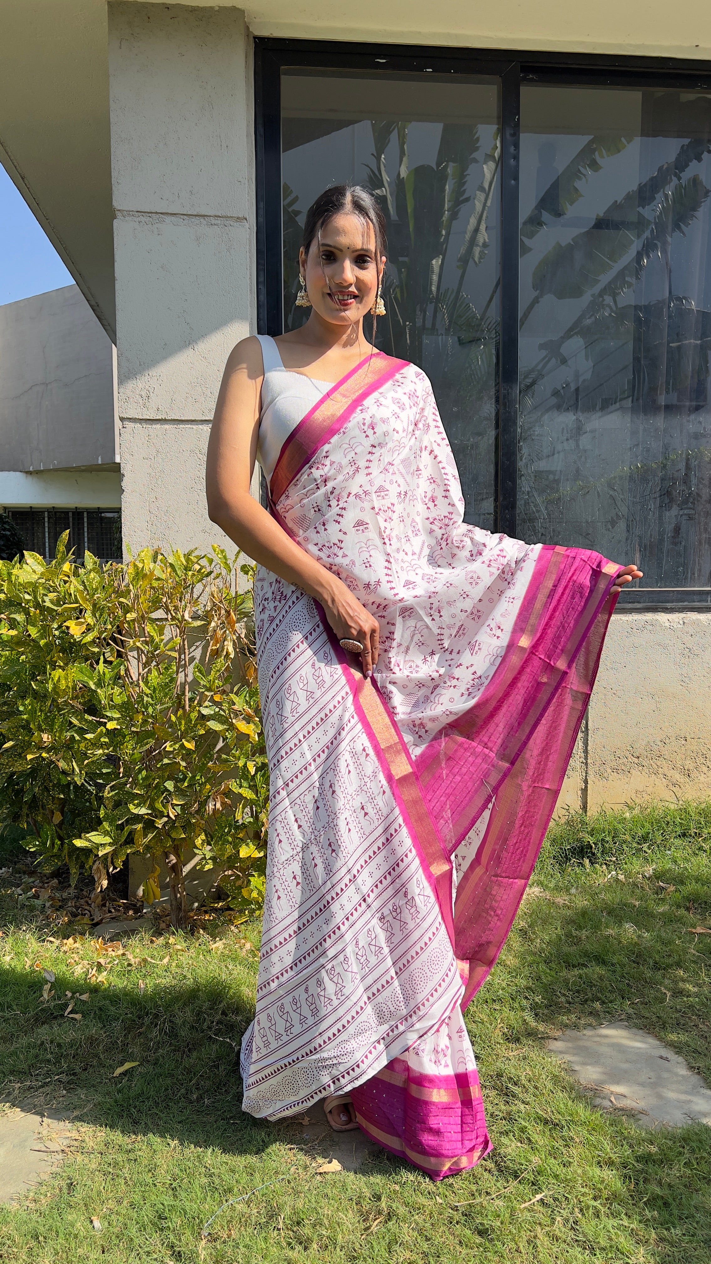 Kalamkari  One Minute Ready To Wear Pink Border Saree With Unstiched Blouse