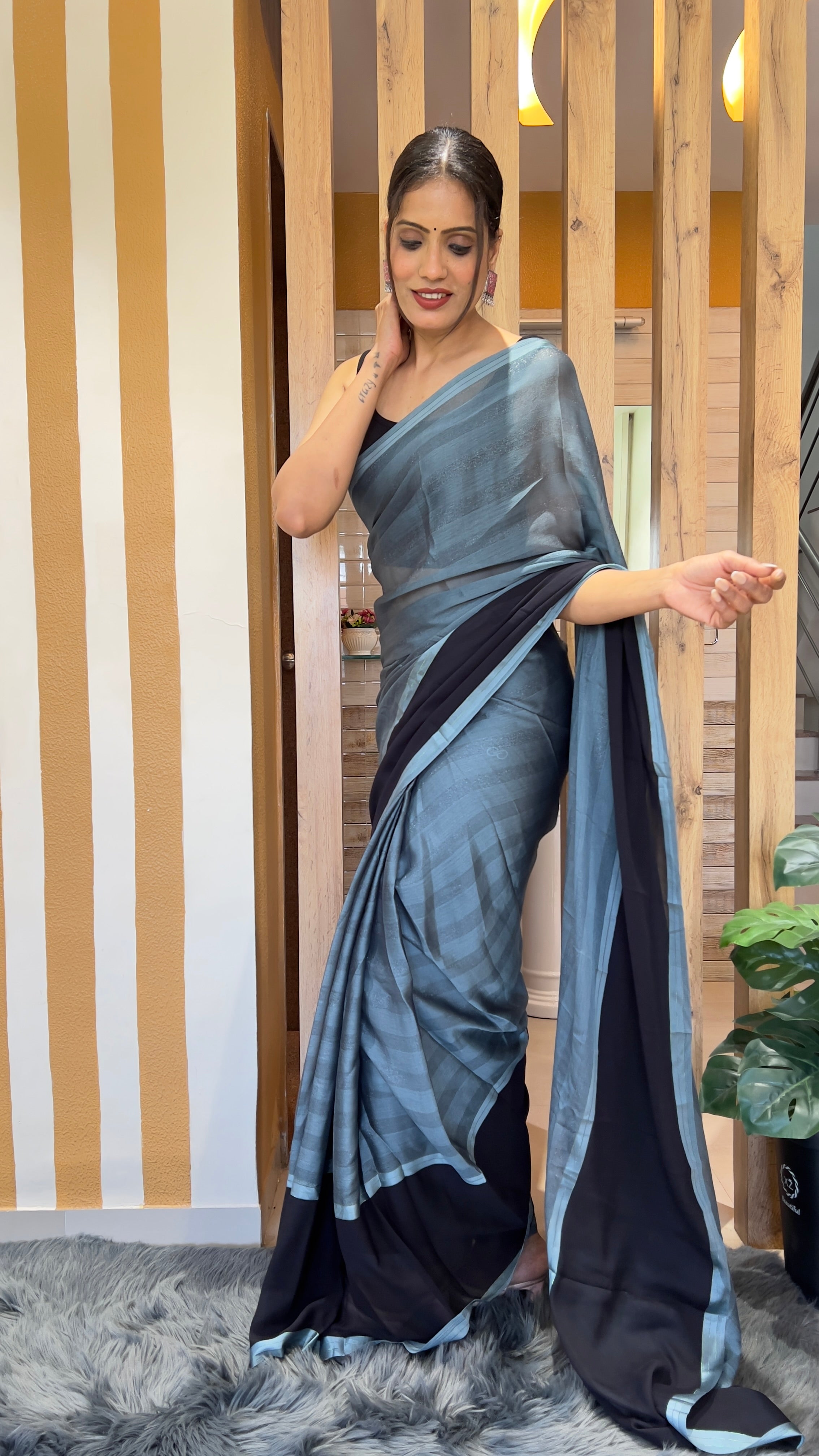 One Minute Ready To Wear Monochrome Elegance Nylone Rimzim saree