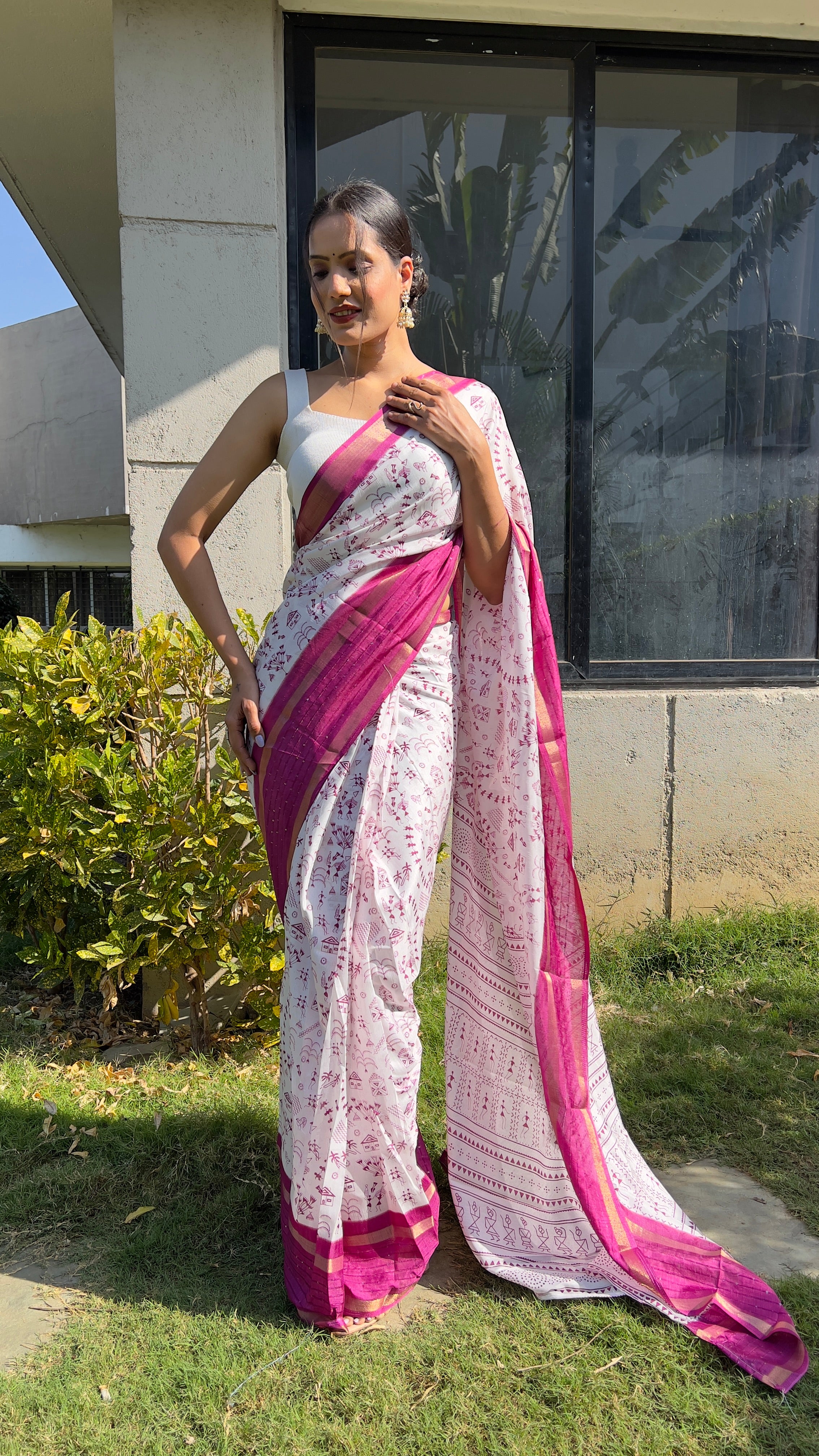 Kalamkari  One Minute Ready To Wear Pink Border Saree With Unstiched Blouse