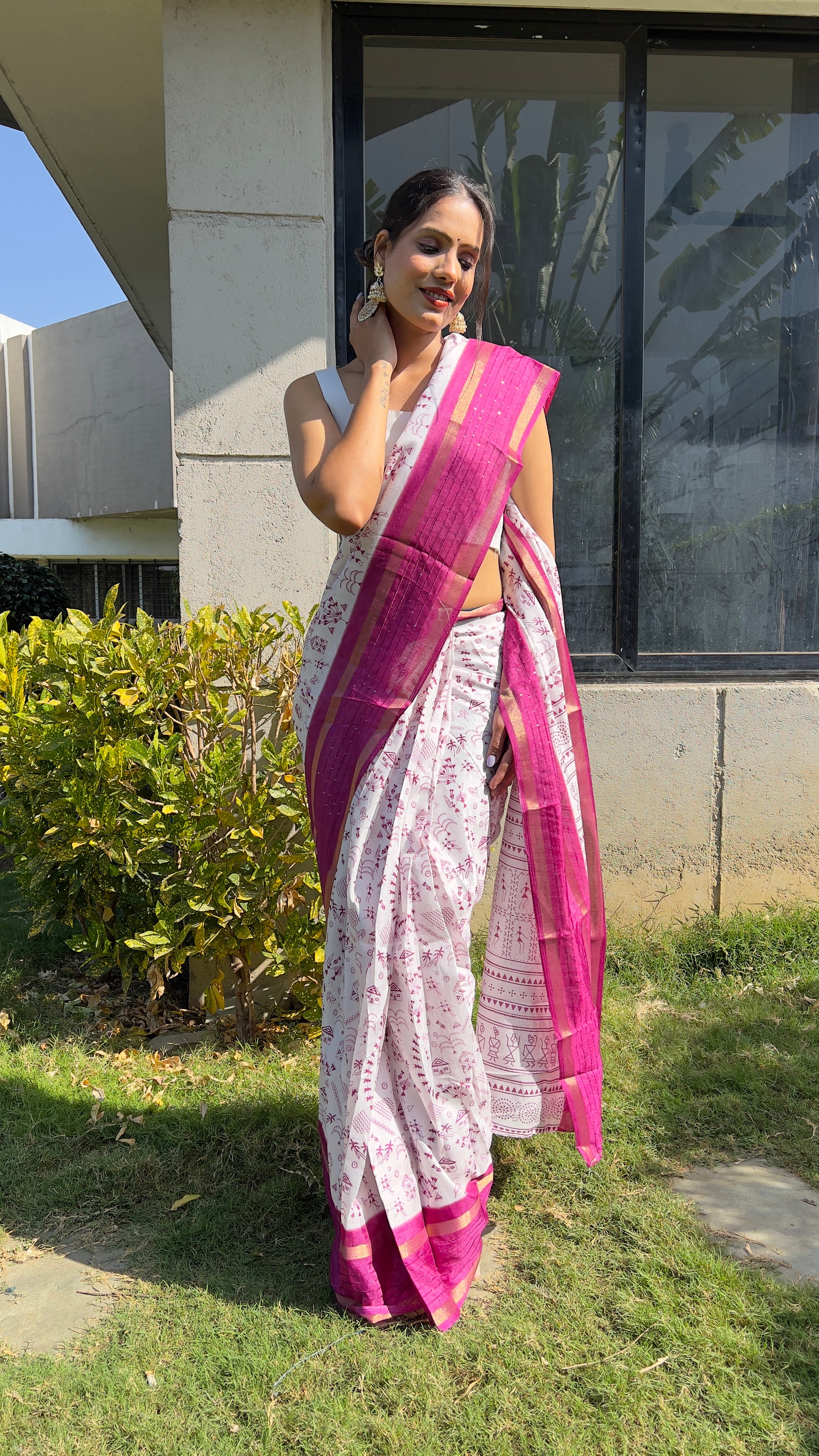 Kalamkari  One Minute Ready To Wear Pink Border Saree With Unstiched Blouse