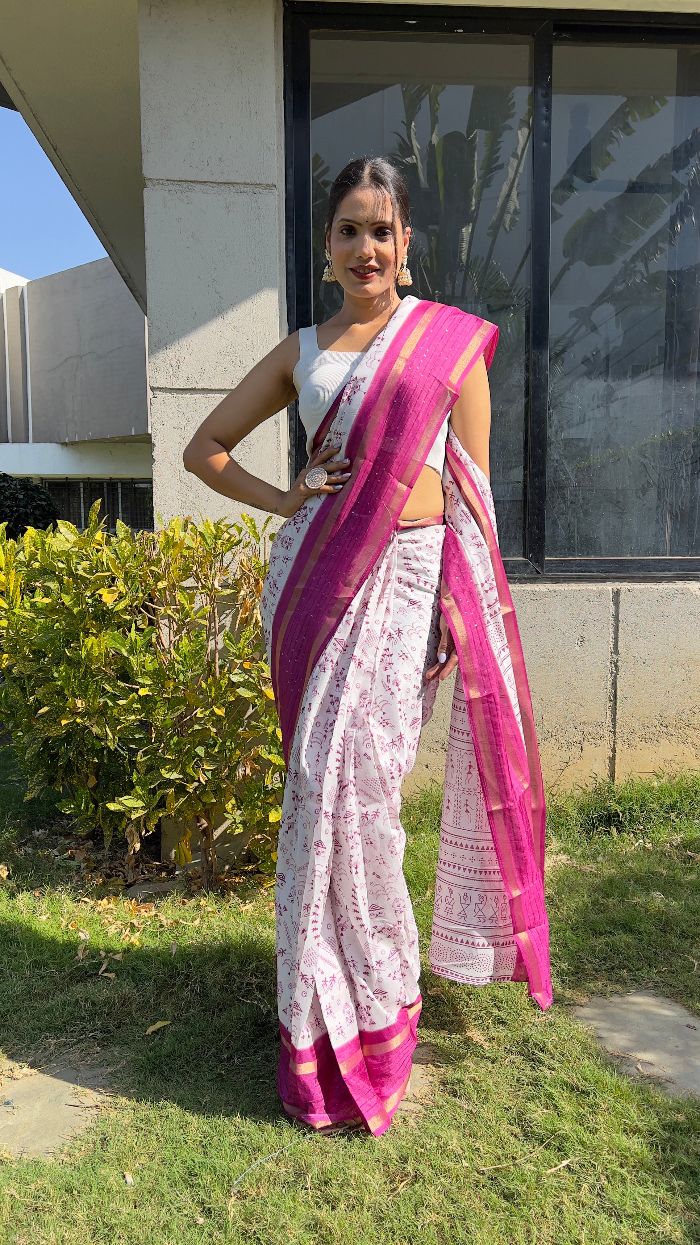 Kalamkari  One Minute Ready To Wear Pink Border Saree With Unstiched Blouse