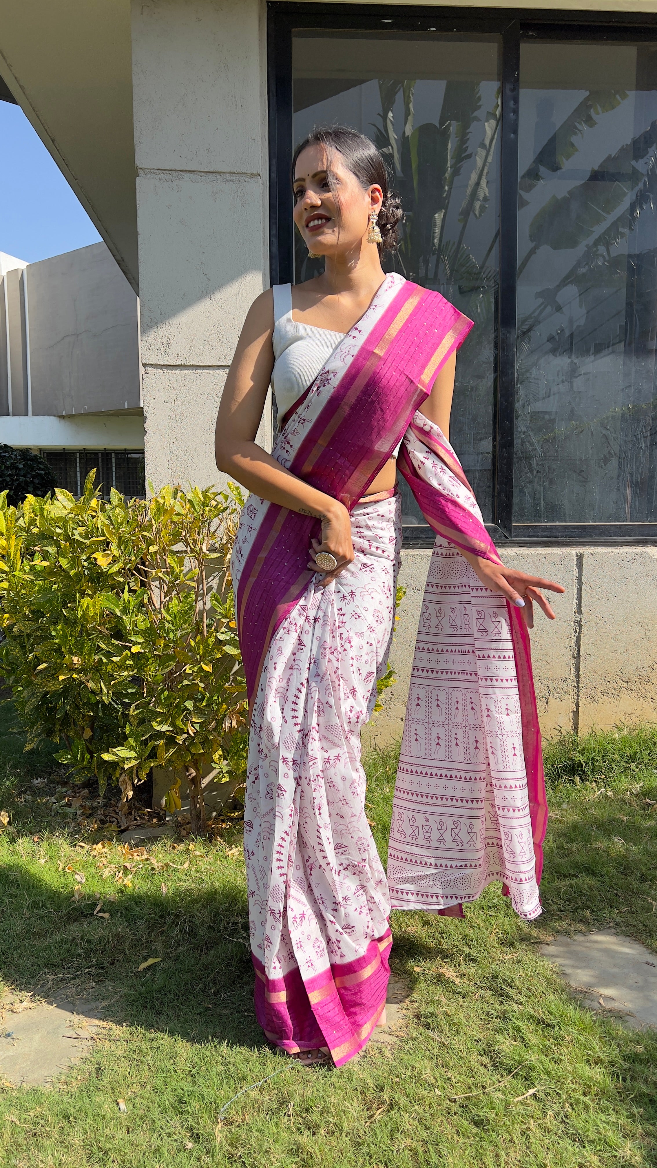 Kalamkari  One Minute Ready To Wear Pink Border Saree With Unstiched Blouse