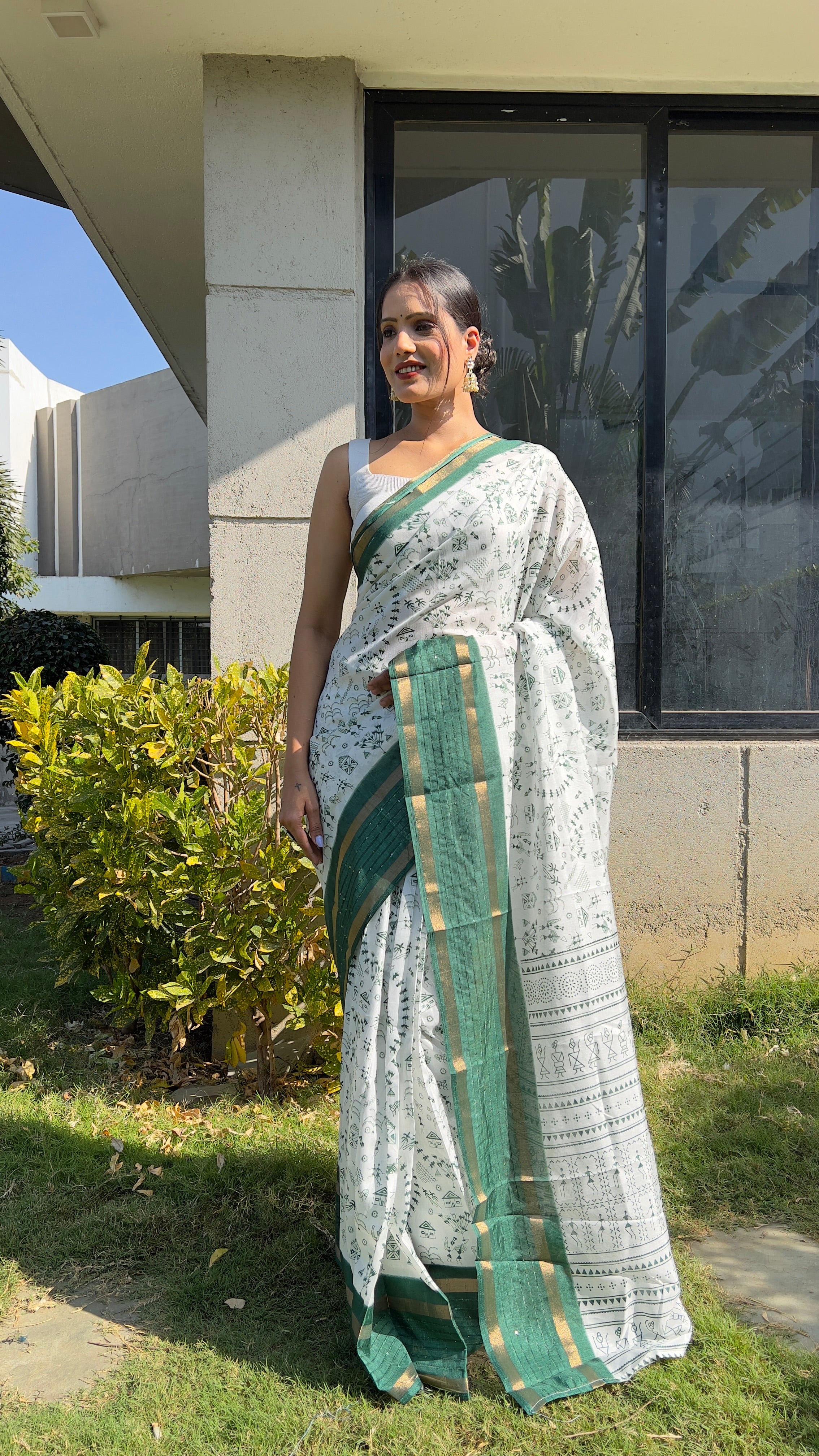 Kalamkari  One Minute Ready To Wear Green Border Saree With Unstiched Blouse