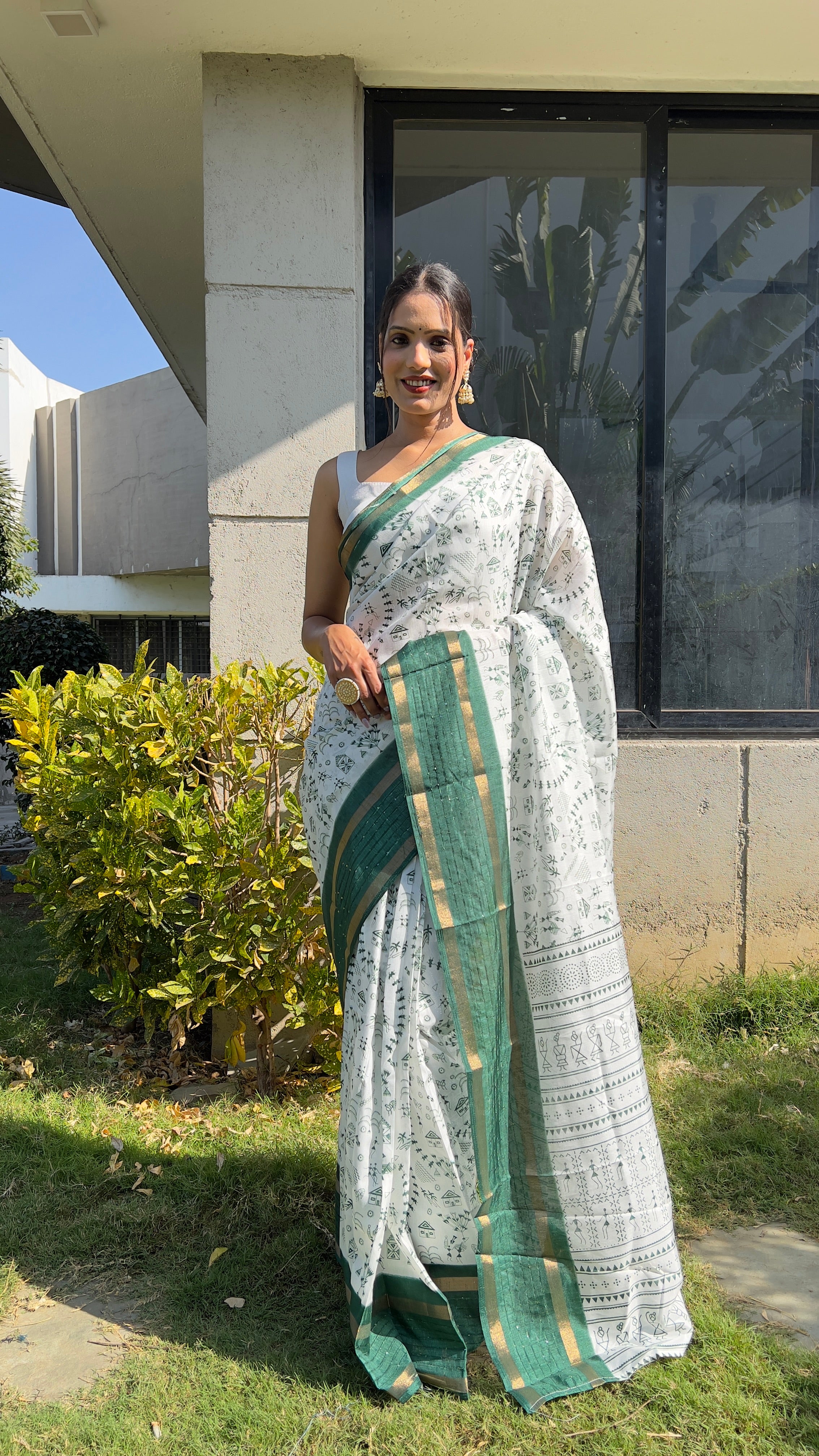 One Minute Ready to Wear New Classy Design White Green Saree Divashree