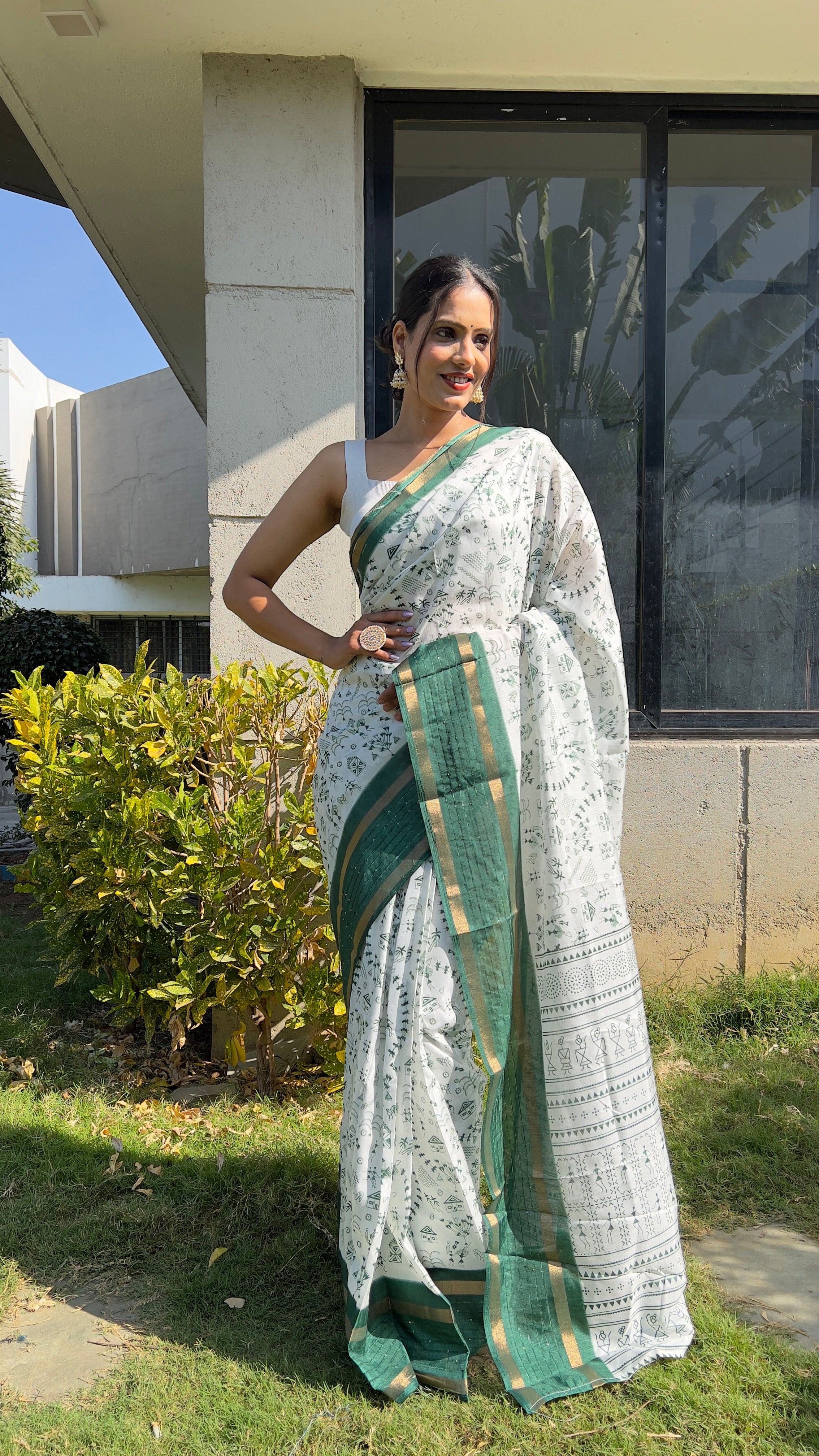 One Minute Ready to Wear New Classy Design White Green Saree Divashree