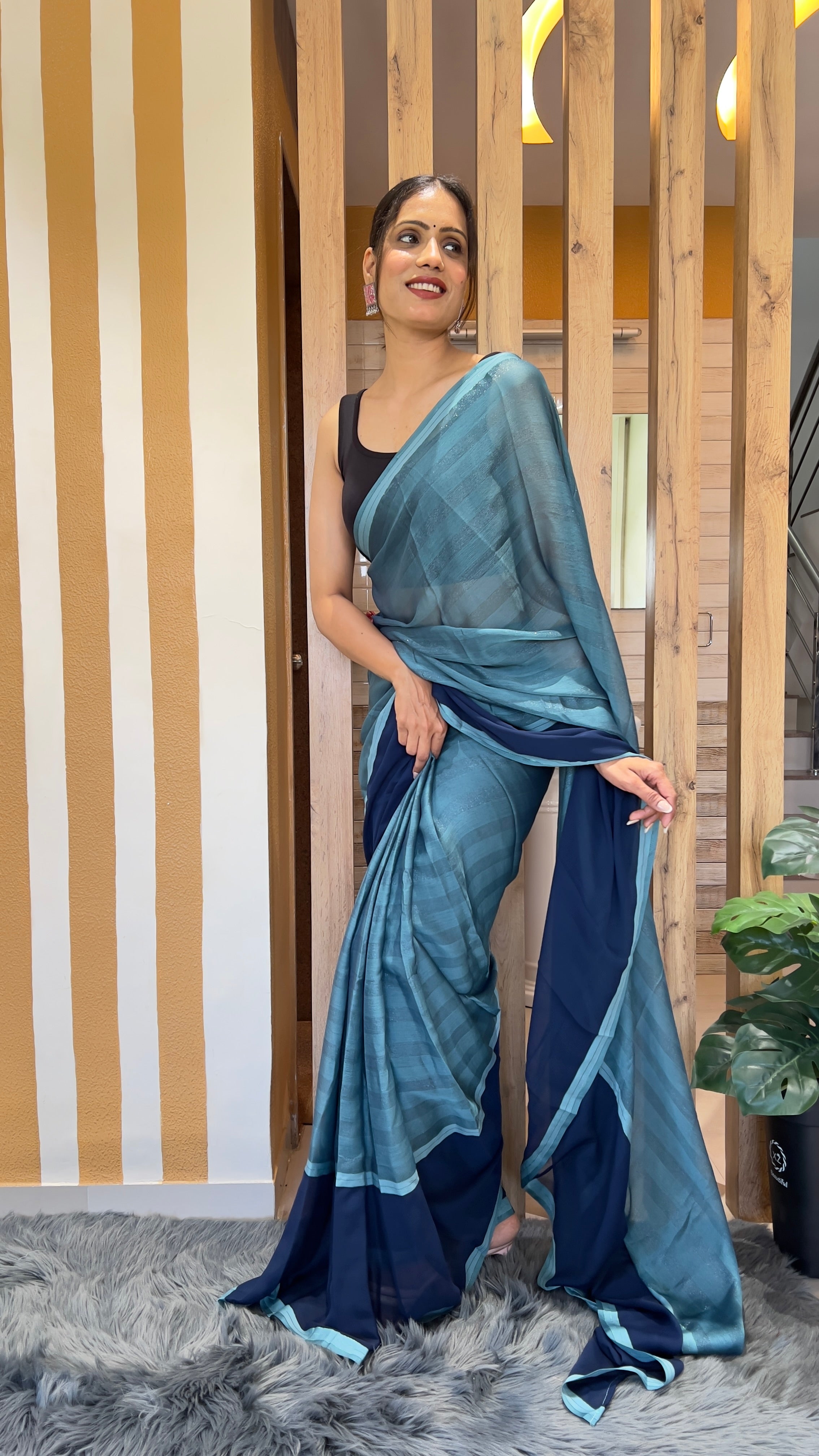 One Minute Ready To Wear Azure Drapery Nylone Rimzim saree