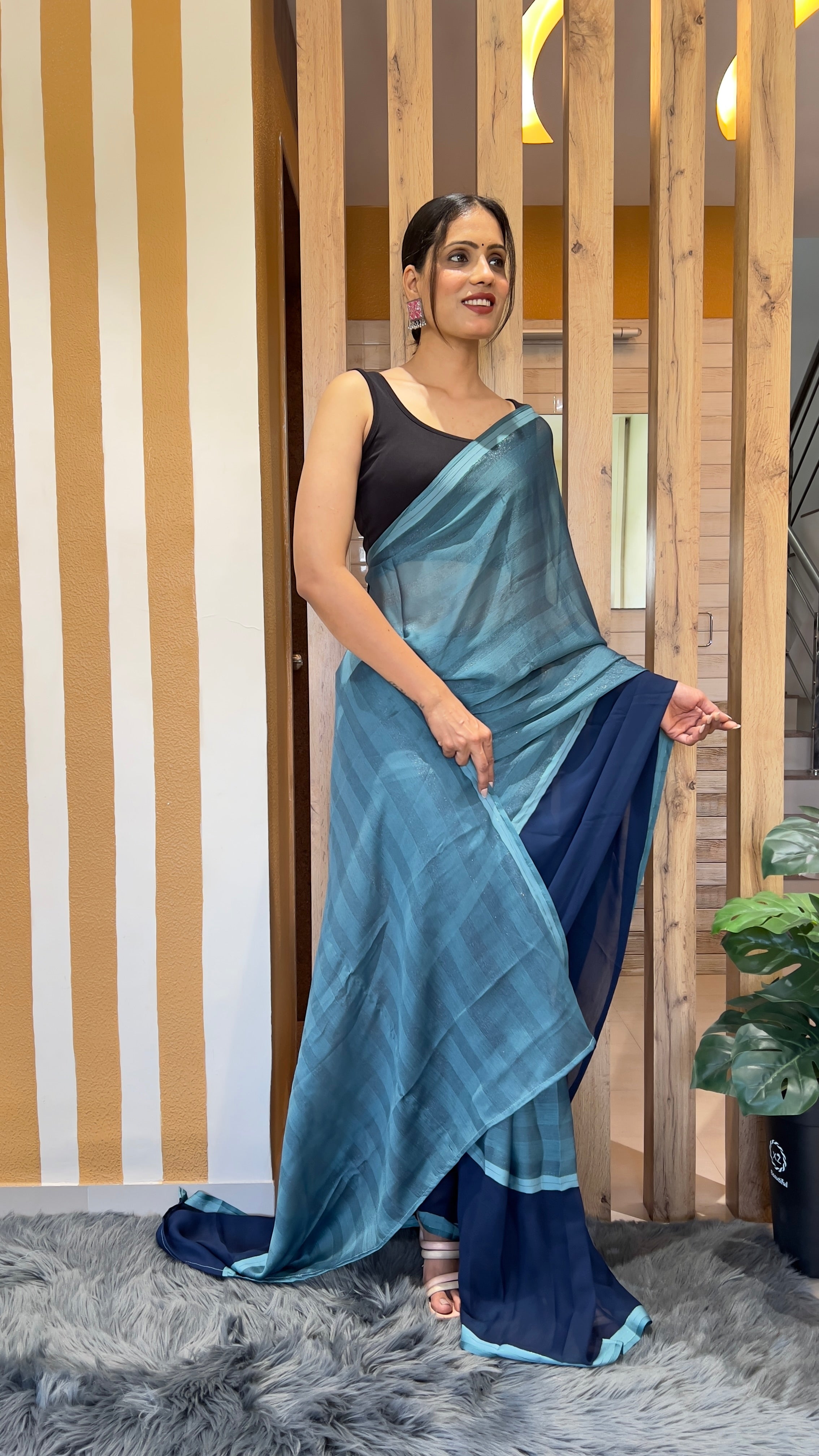 One Minute Ready To Wear Azure Drapery Nylone Rimzim saree