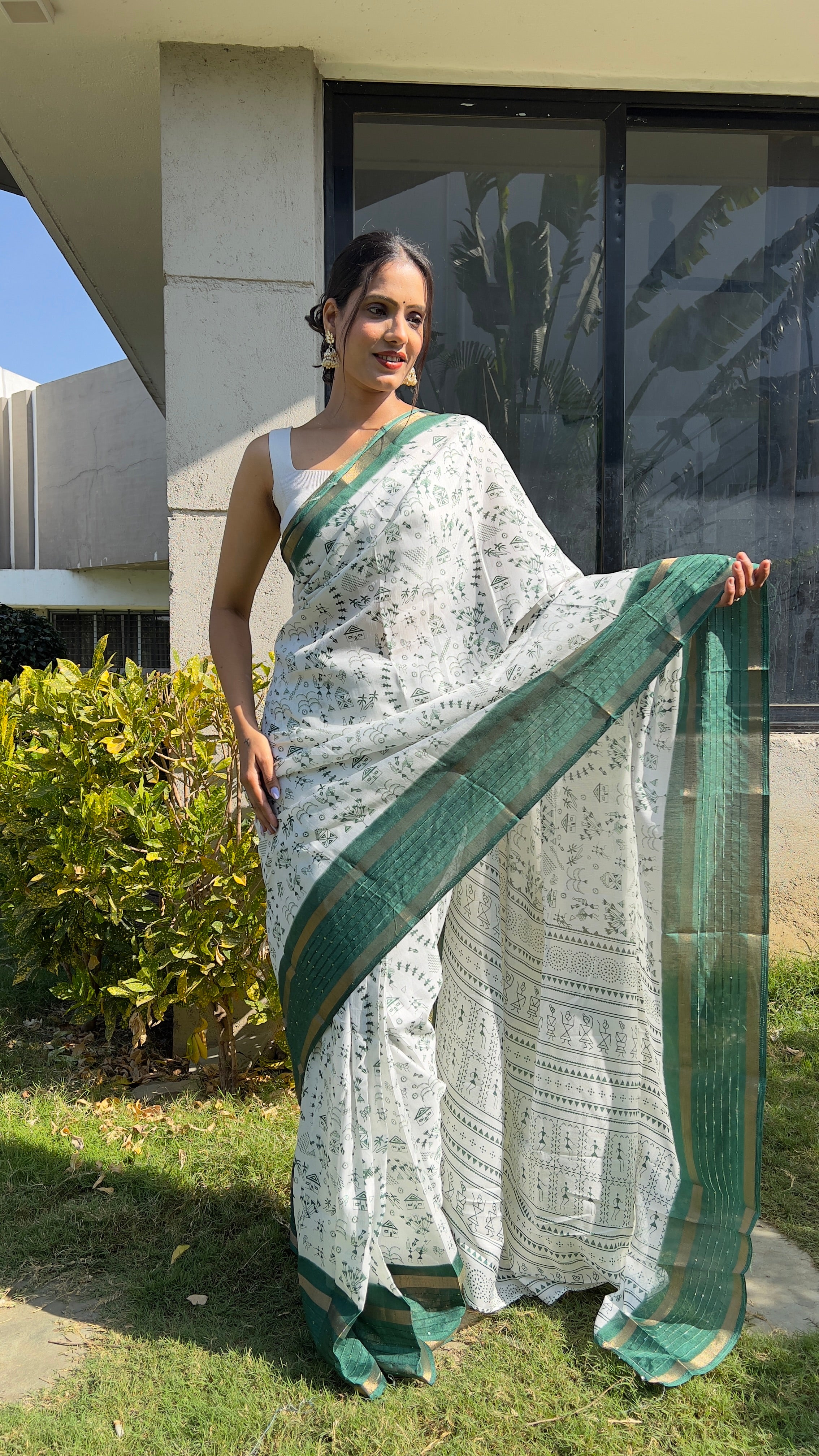 Kalamkari  One Minute Ready To Wear Green Border Saree With Unstiched Blouse