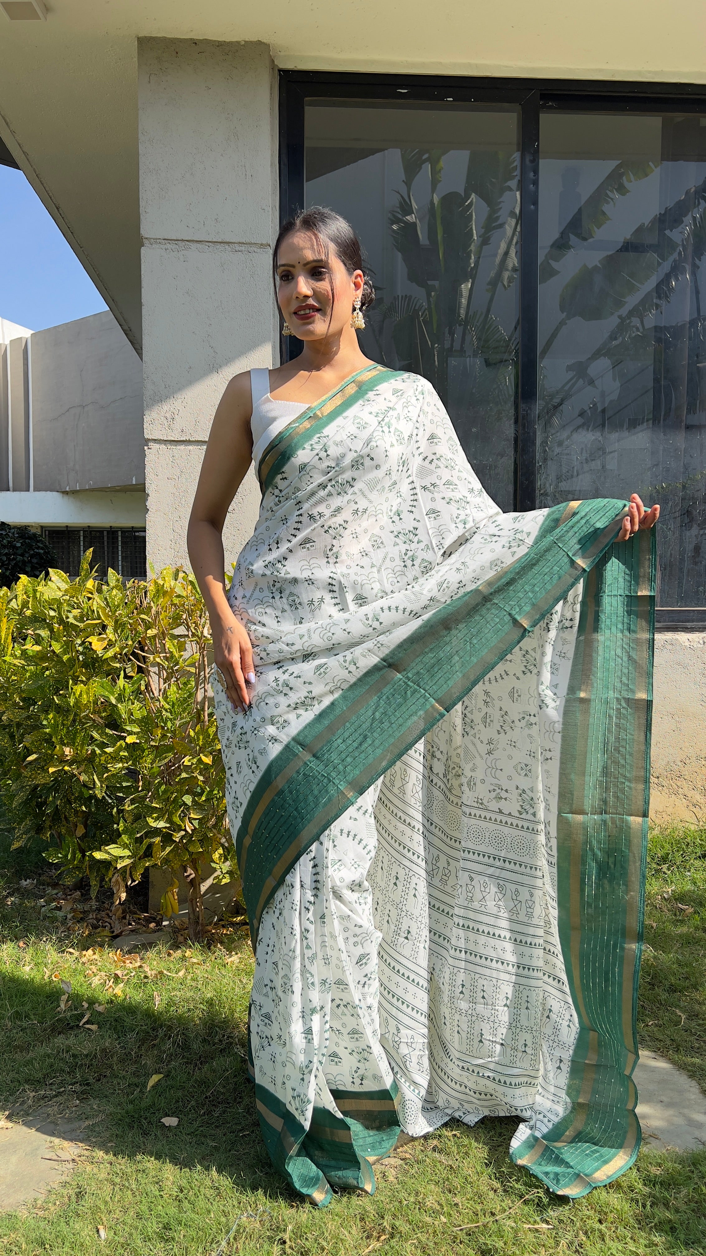 Kalamkari  One Minute Ready To Wear Green Border Saree With Unstiched Blouse