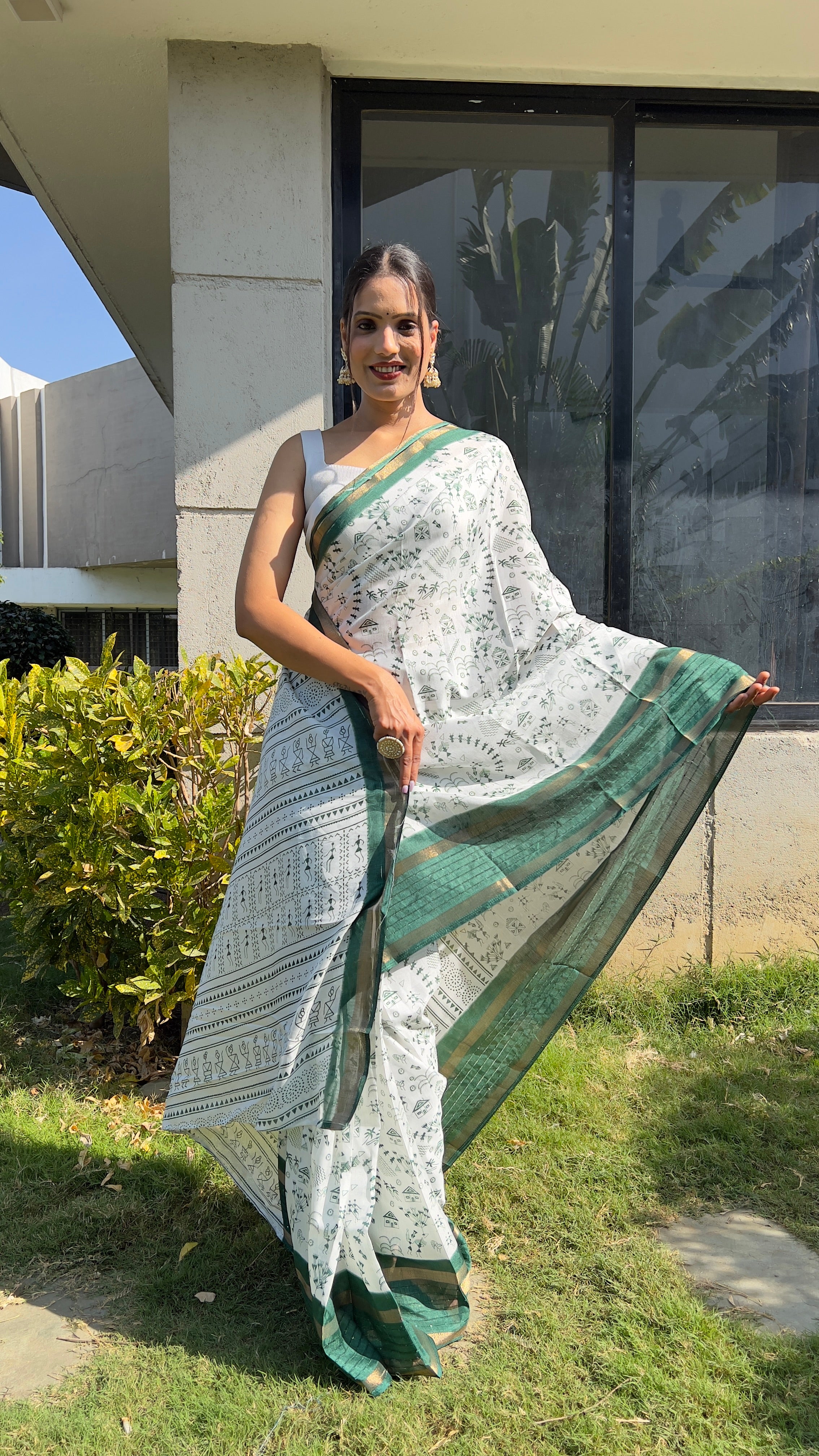 Kalamkari  One Minute Ready To Wear Green Border Saree With Unstiched Blouse