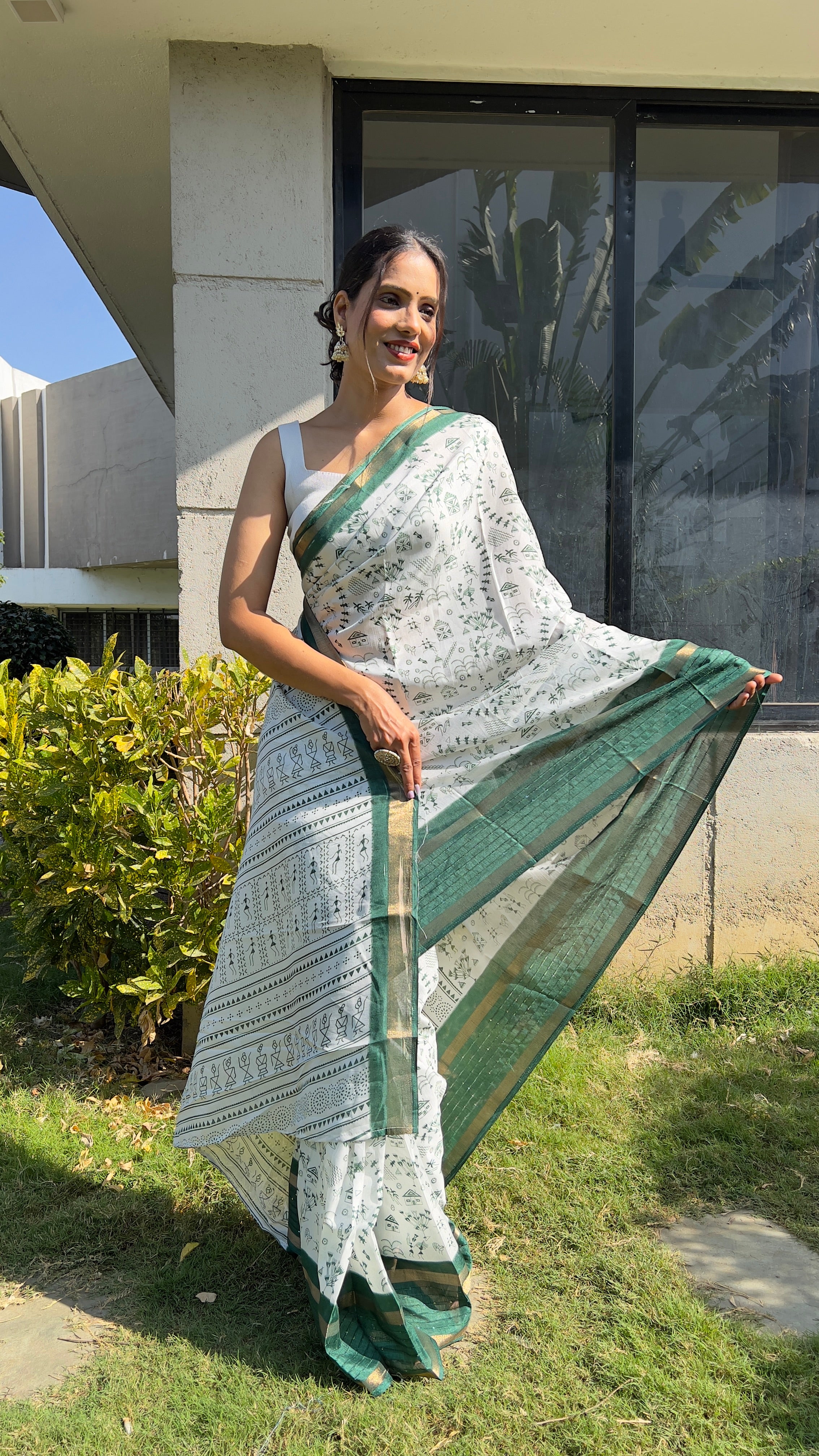 Kalamkari  One Minute Ready To Wear Green Border Saree With Unstiched Blouse