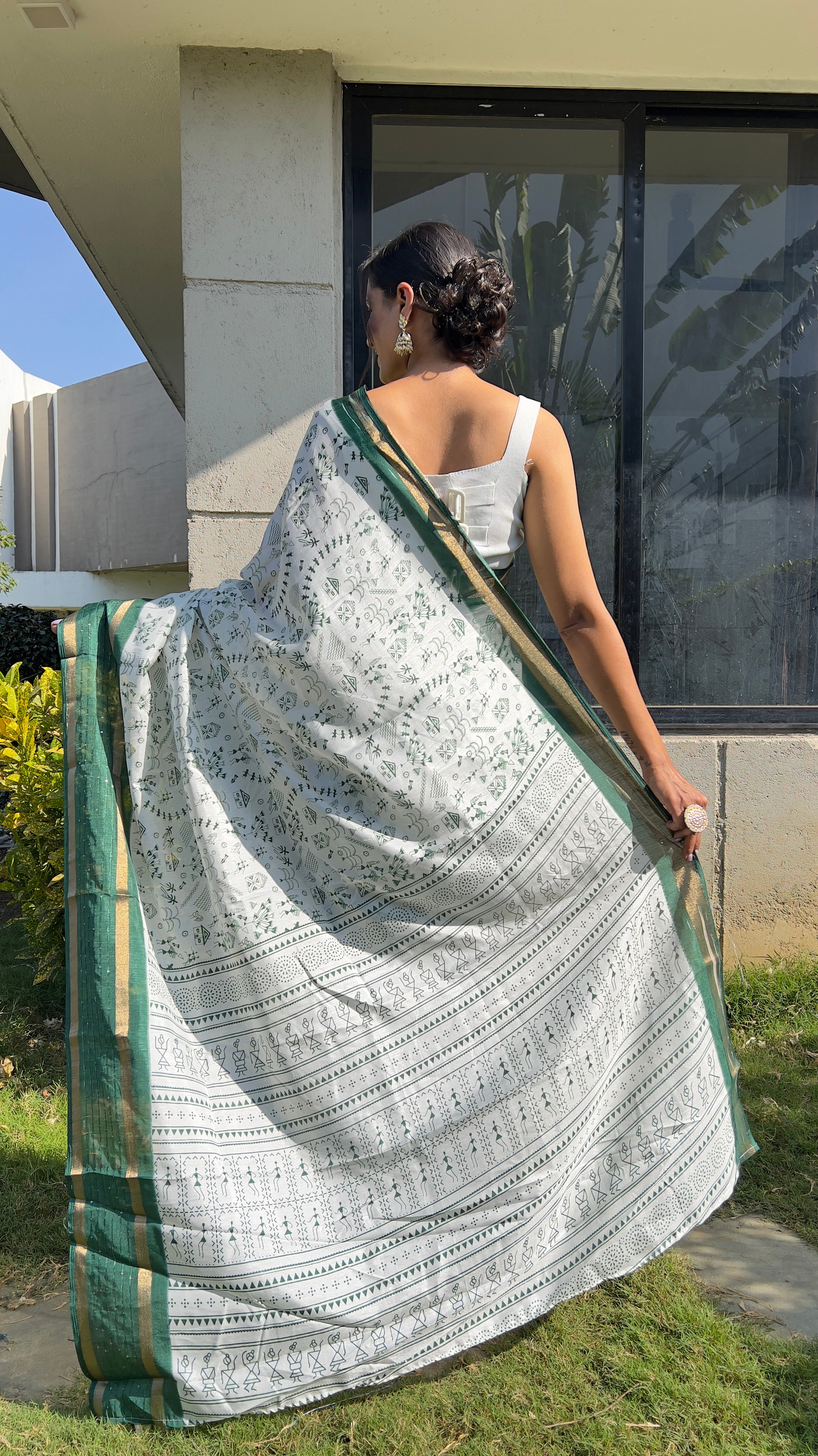 Kalamkari  One Minute Ready To Wear Green Border Saree With Unstiched Blouse