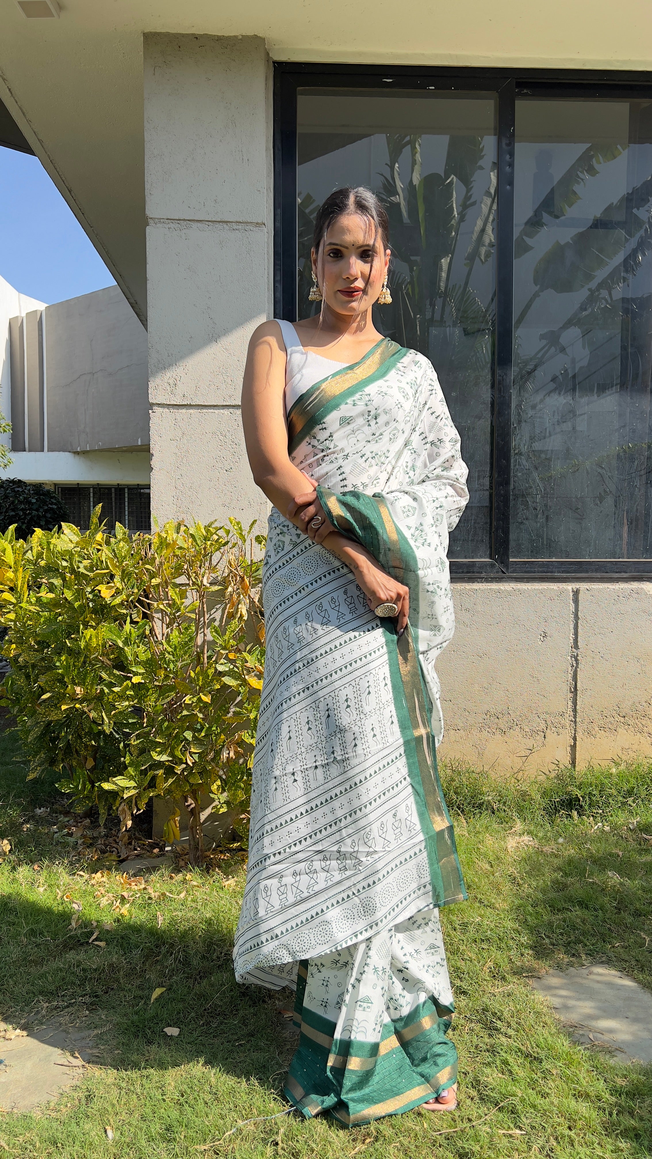 Kalamkari  One Minute Ready To Wear Green Border Saree With Unstiched Blouse