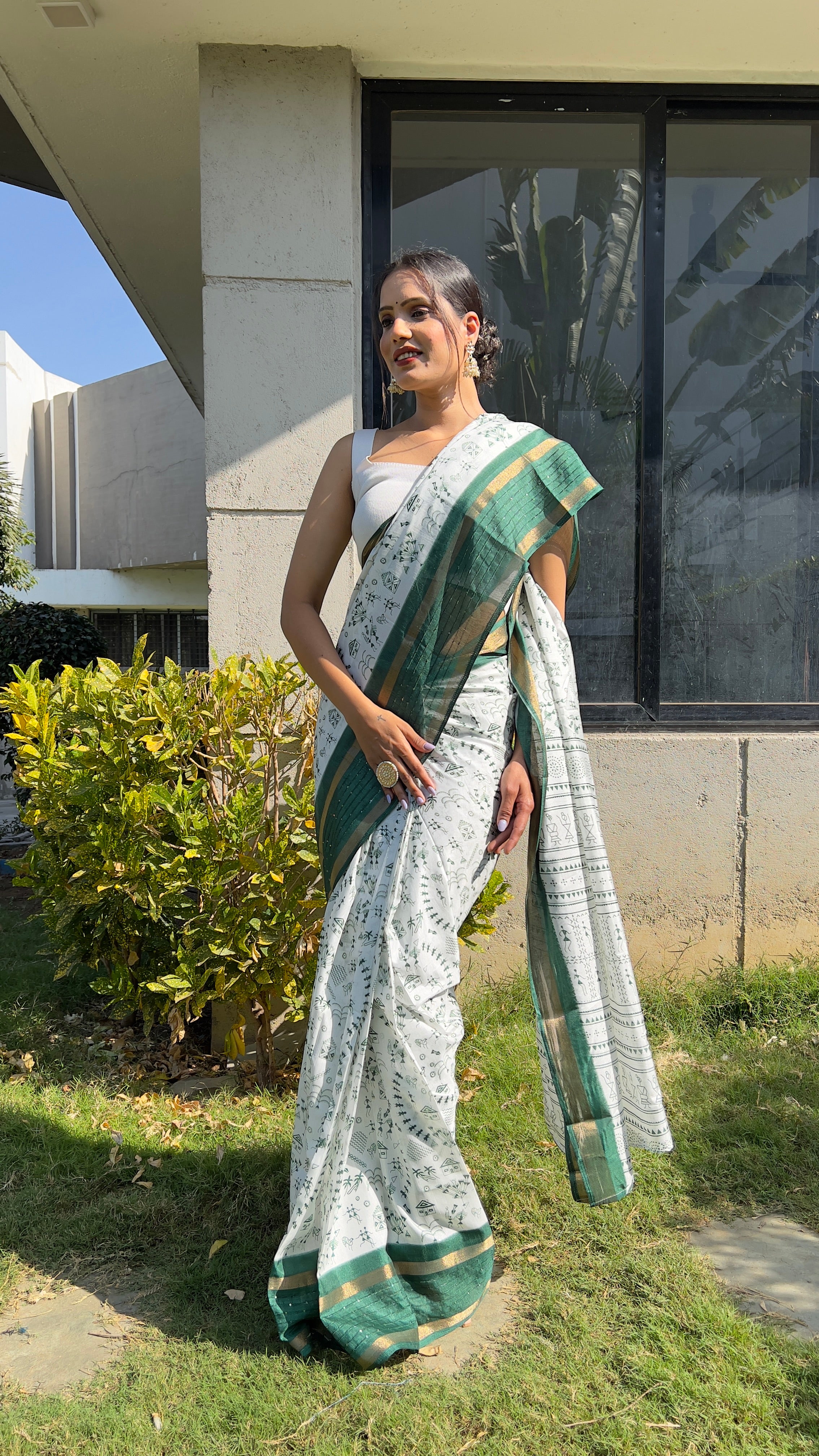 Kalamkari  One Minute Ready To Wear Green Border Saree With Unstiched Blouse