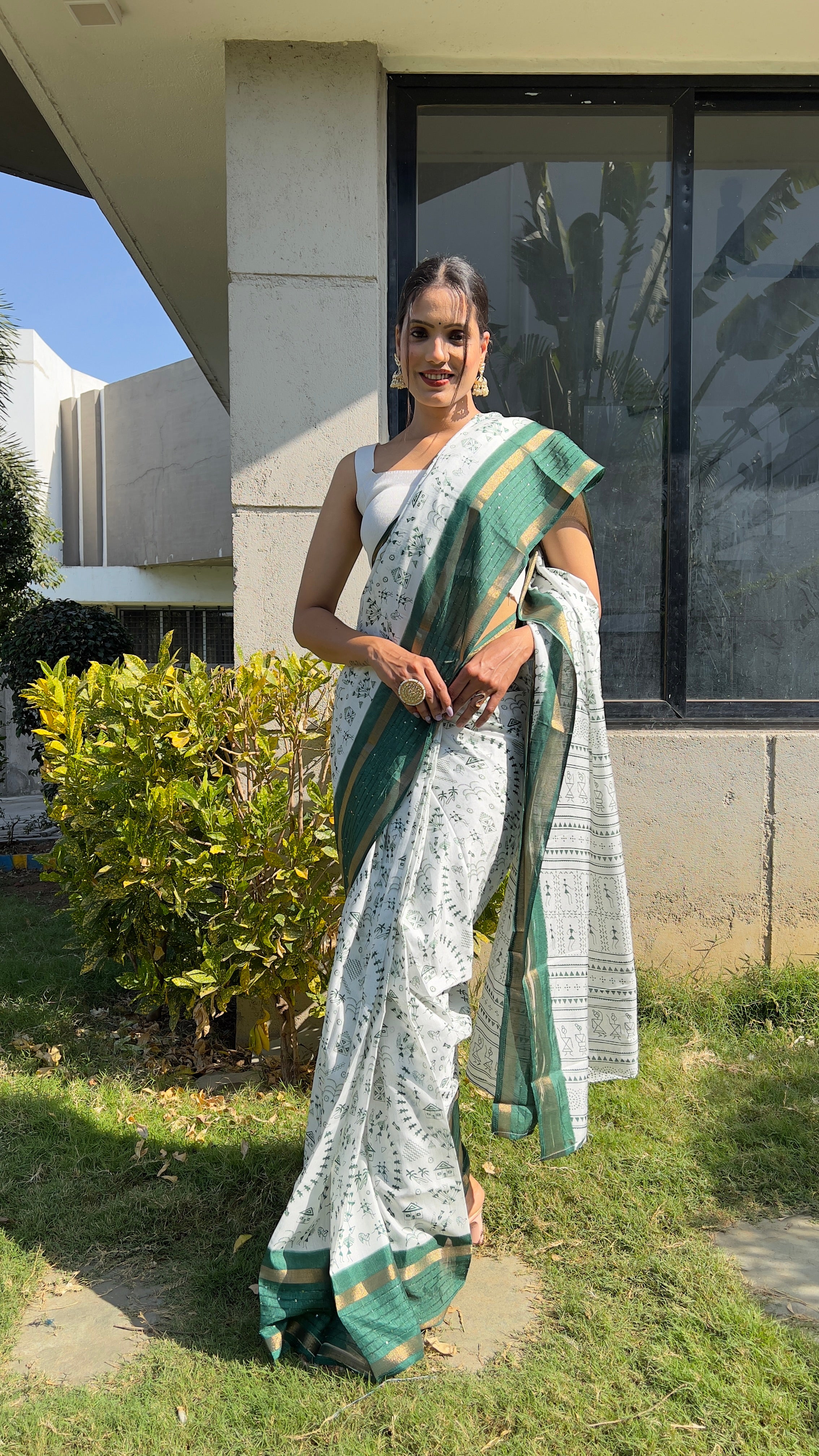 Kalamkari  One Minute Ready To Wear Green Border Saree With Unstiched Blouse