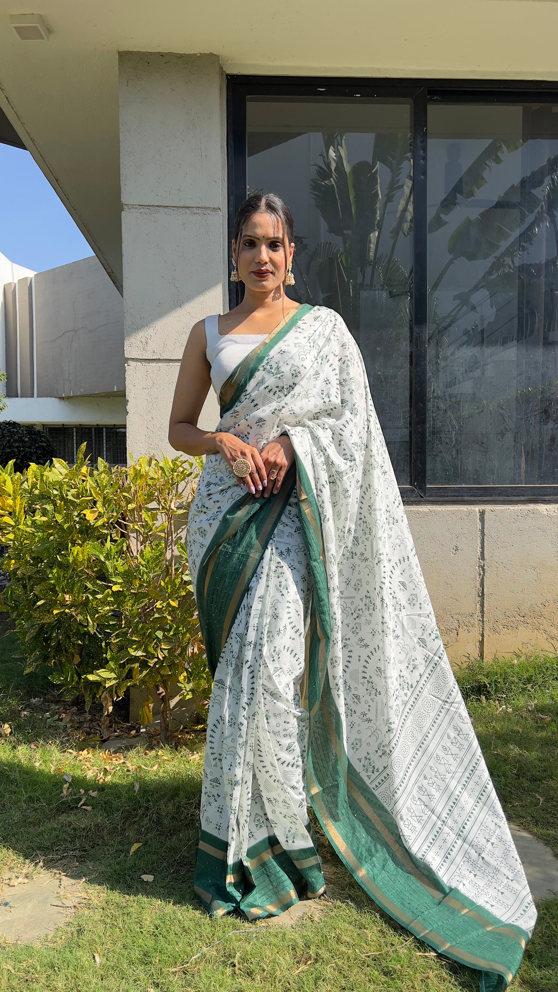 Kalamkari  One Minute Ready To Wear Green Border Saree With Unstiched Blouse