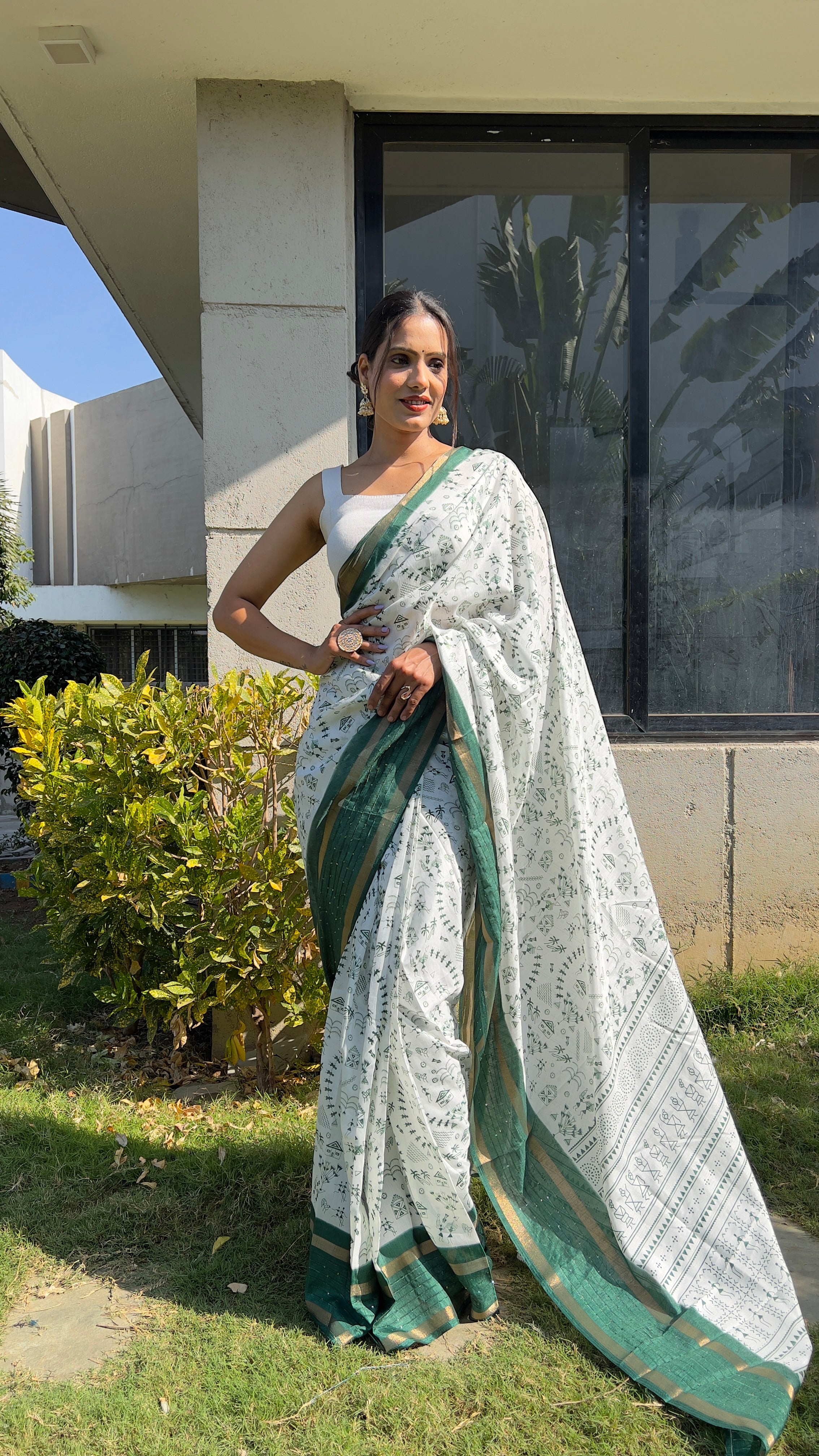 Kalamkari  One Minute Ready To Wear Green Border Saree With Unstiched Blouse