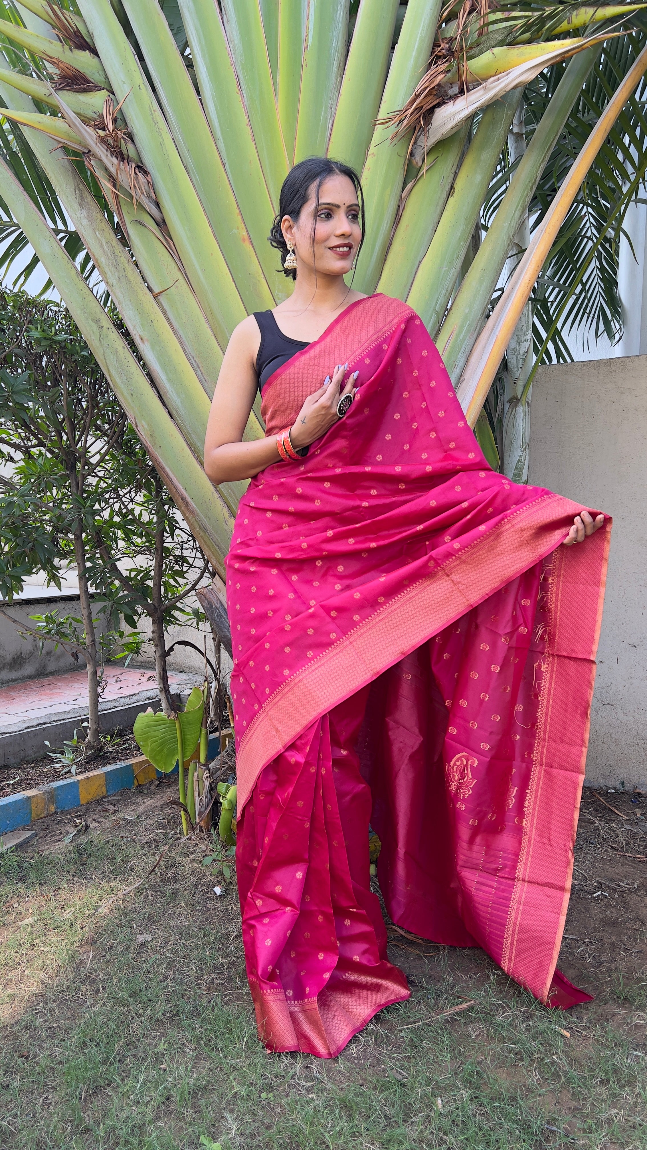 Buti One Minute Ready To Wear Pink Saree With Unstiched Blouse