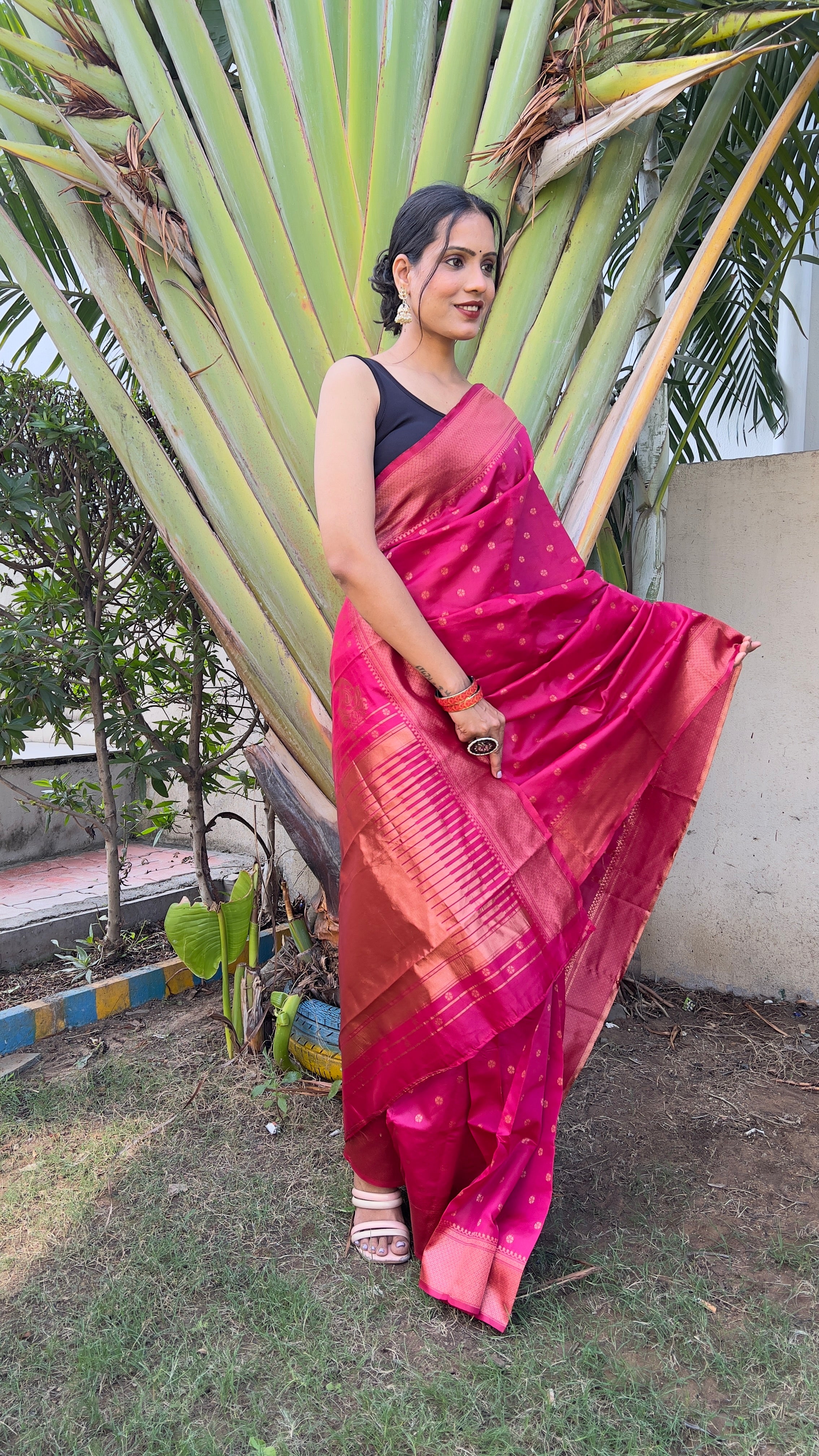 Buti One Minute Ready To Wear Pink Saree With Unstiched Blouse