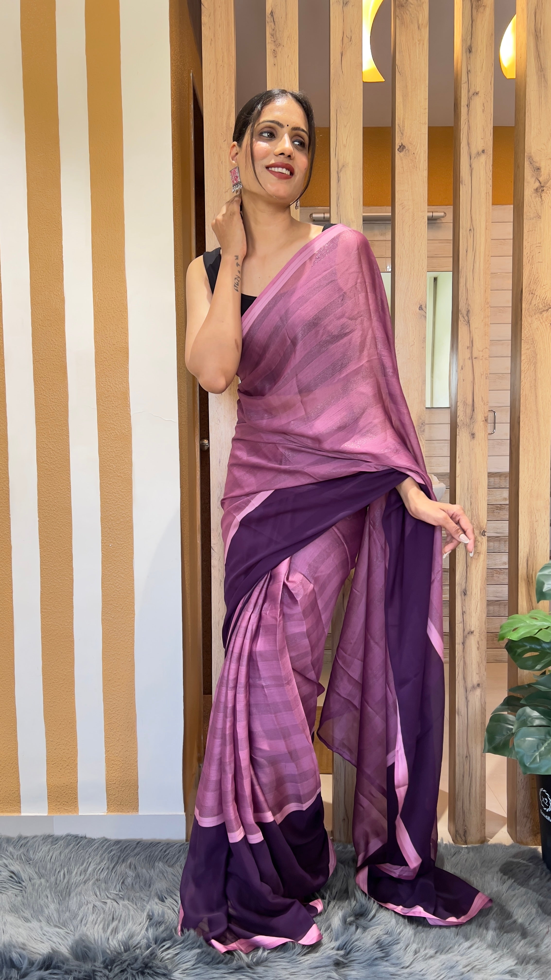 One Minute Ready To Wear Purple Emerald Noir Nylone Rimzim saree