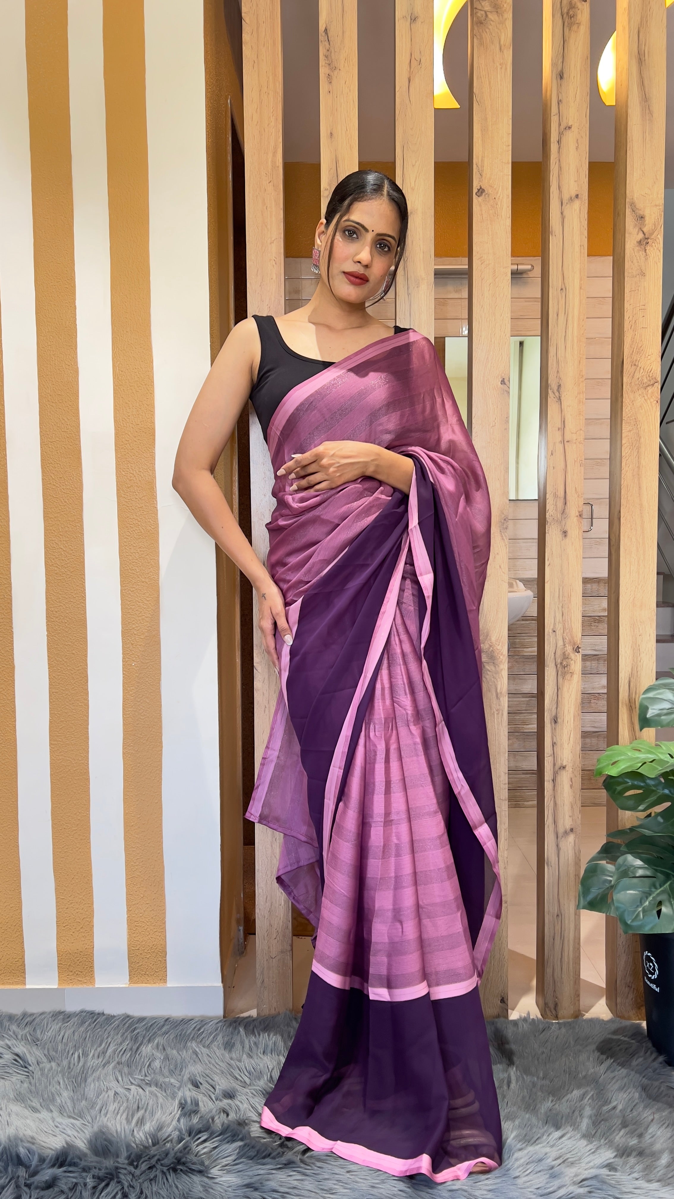 One Minute Ready To Wear Purple Emerald Noir Nylone Rimzim saree