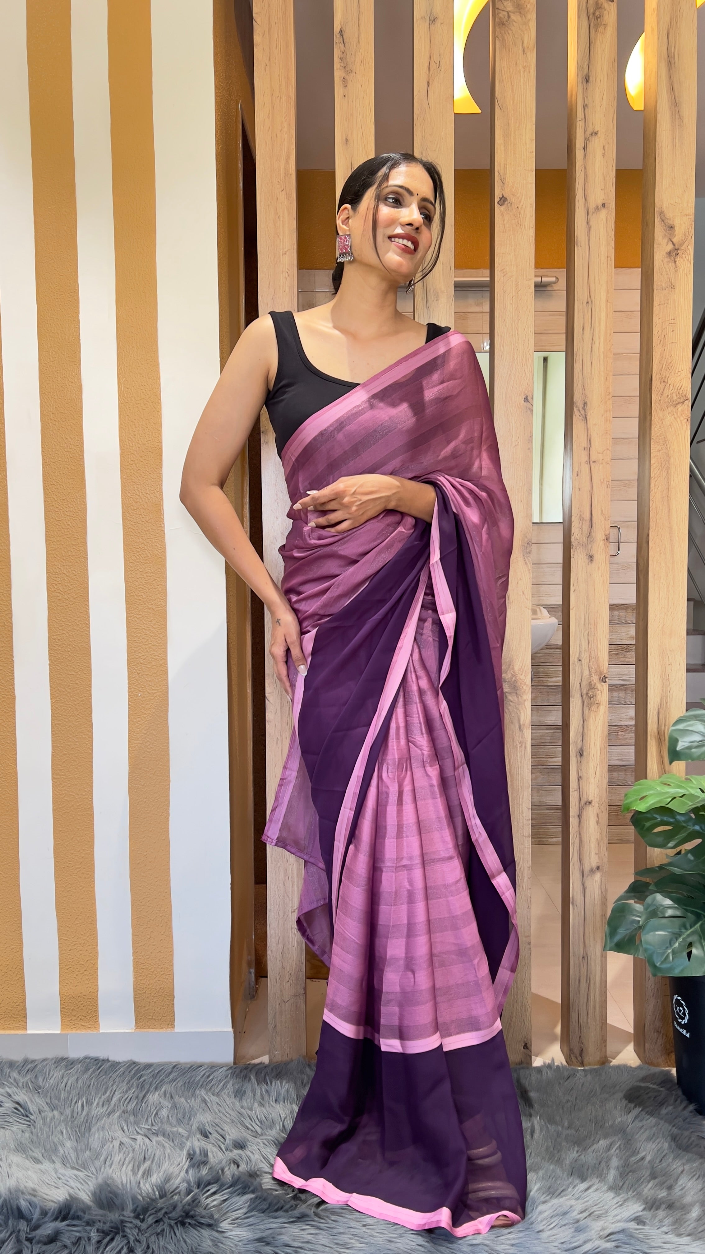 One Minute Ready To Wear Purple Emerald Noir Nylone Rimzim saree