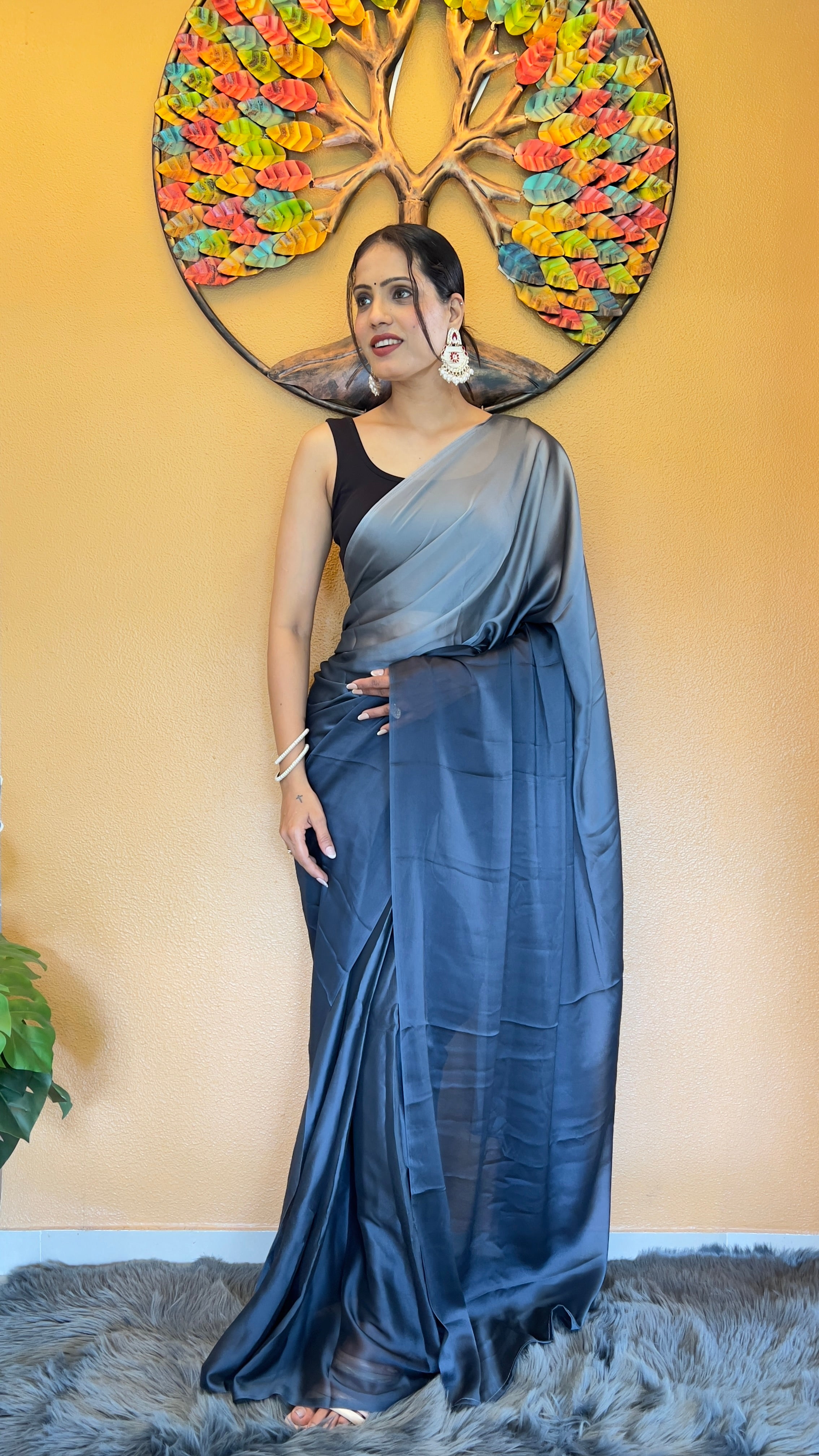 Bansuri One Minute Ready To Wear Navy Blue Saree With Unstiched Blouse