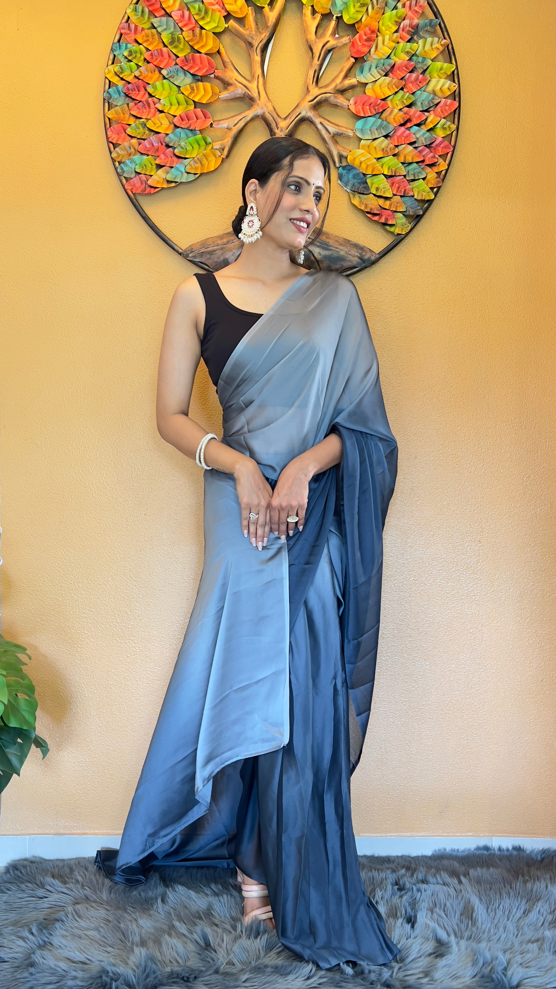 Bansuri One Minute Ready To Wear Navy Blue Saree With Unstiched Blouse