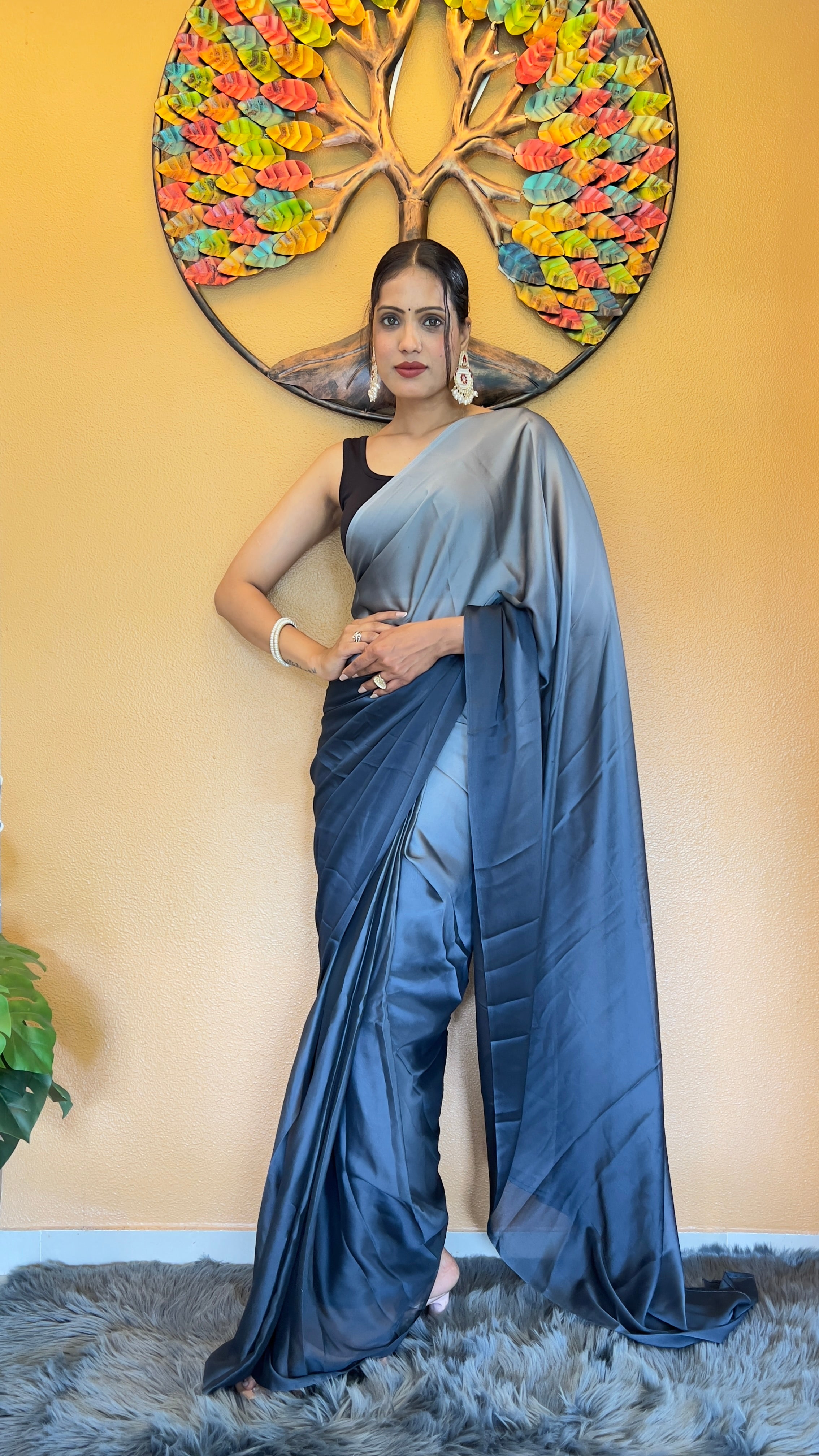 Bansuri One Minute Ready To Wear Navy Blue Saree With Unstiched Blouse