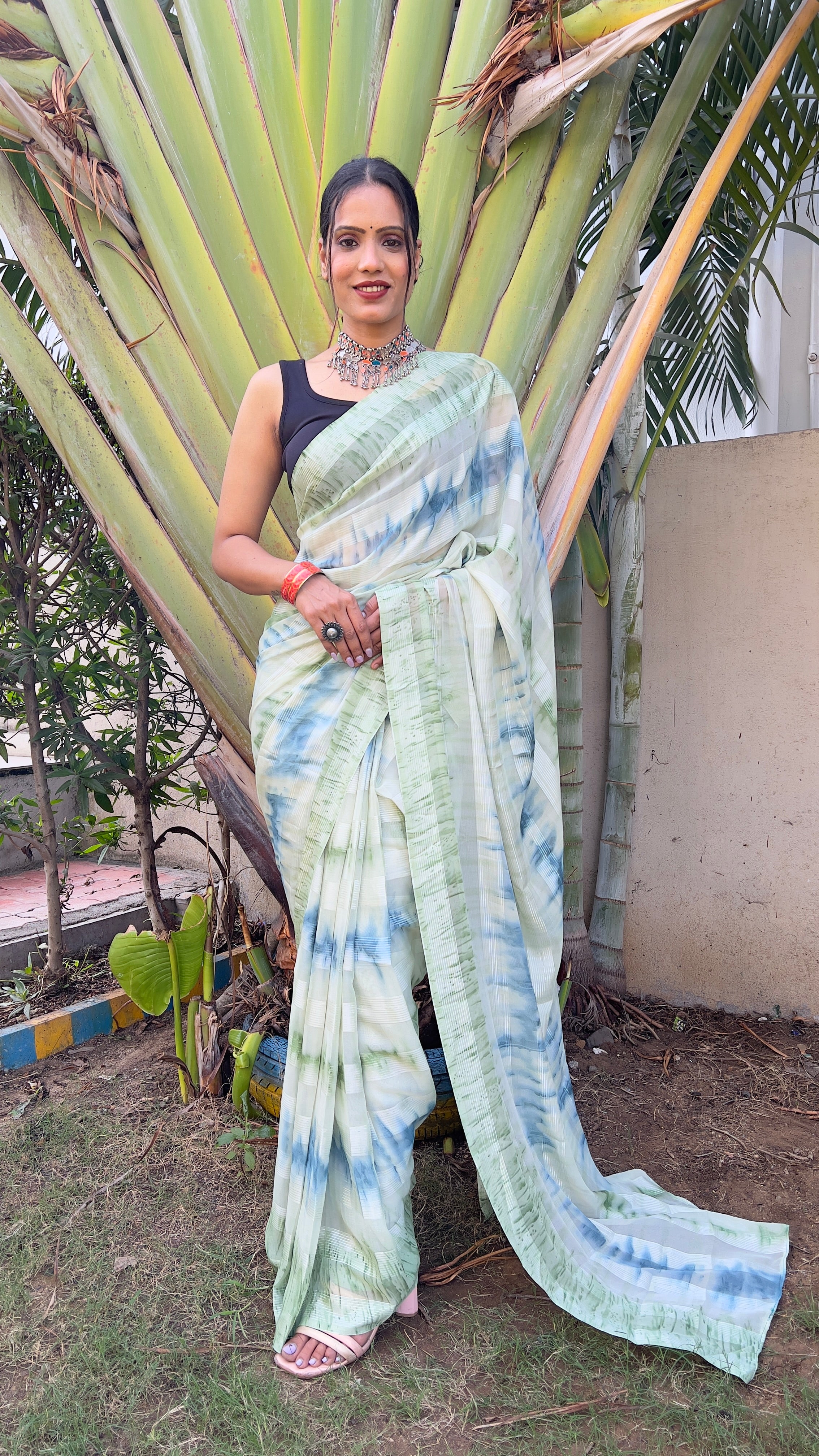 One Minute Ready to Wear New Premium Quelity Shibori Pista Saree Divashree