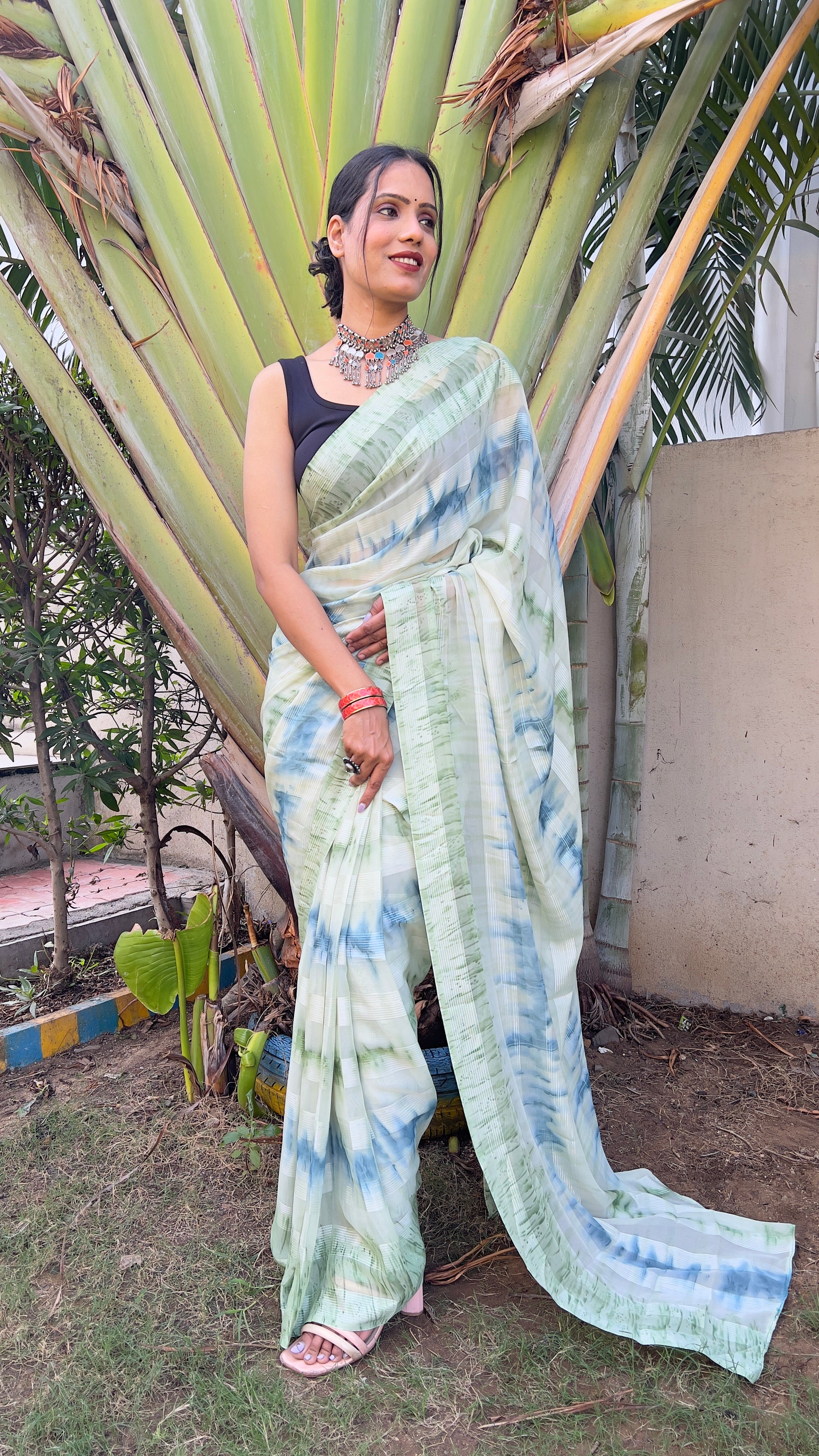 One Minute Ready to Wear New Premium Quelity Shibori Pista Saree Divashree