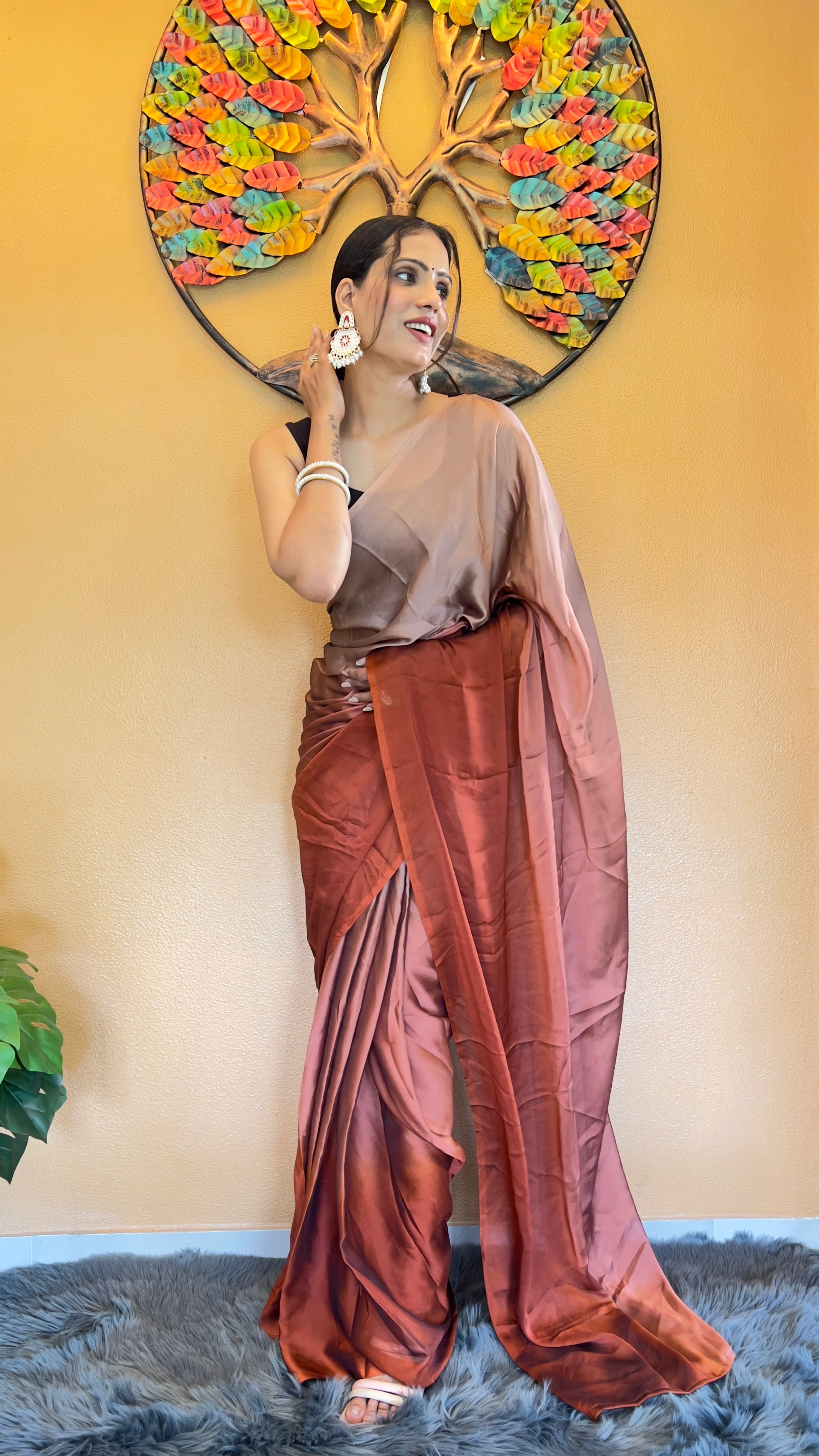 Bansuri One Minute Ready To Wear Rusty Orange Saree With Unstiched Blouse