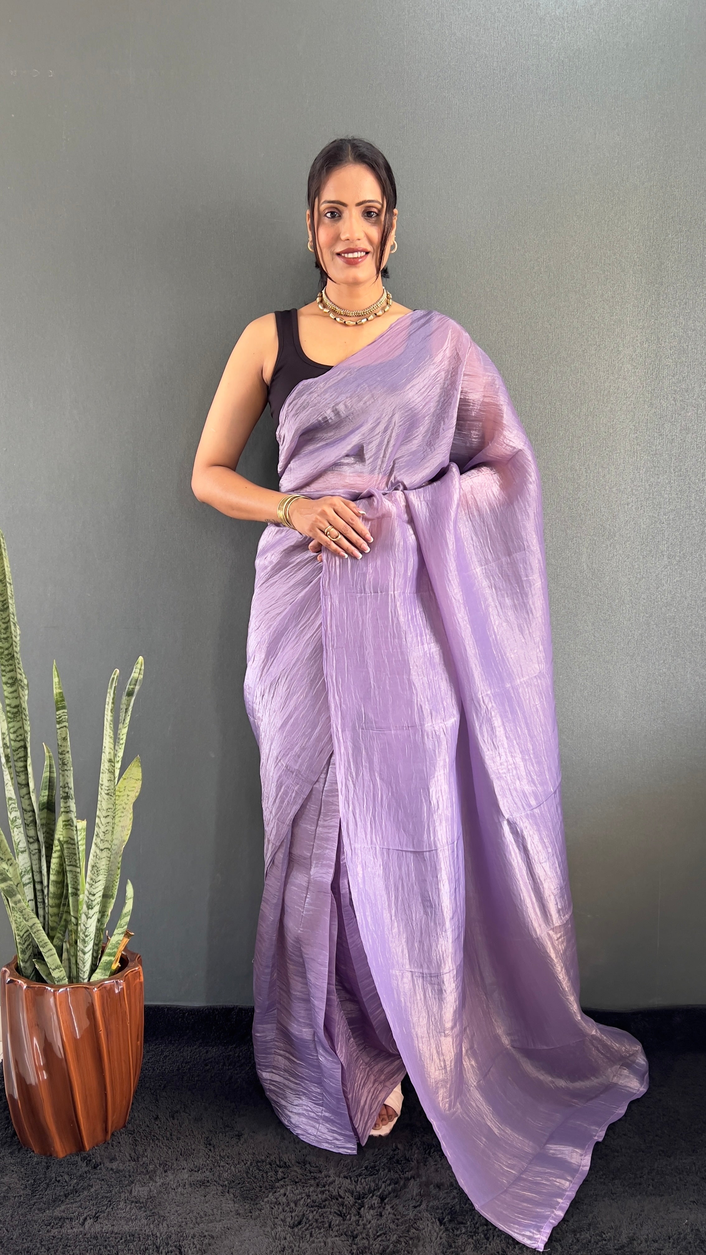 Crush One Minute Ready To Wear Purple Saree With Unstiched Blouse