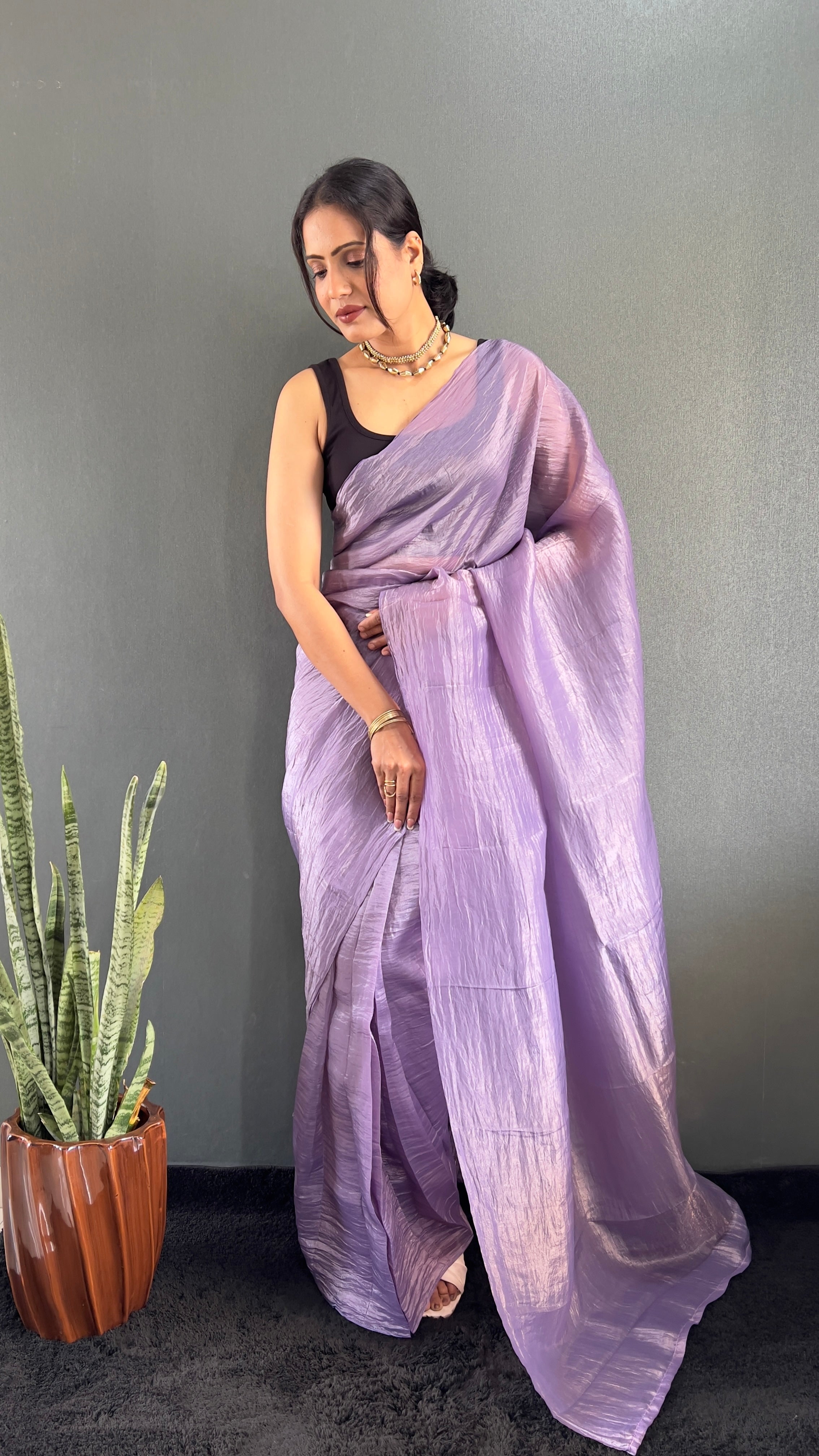 Crush One Minute Ready To Wear Purple Saree With Unstiched Blouse