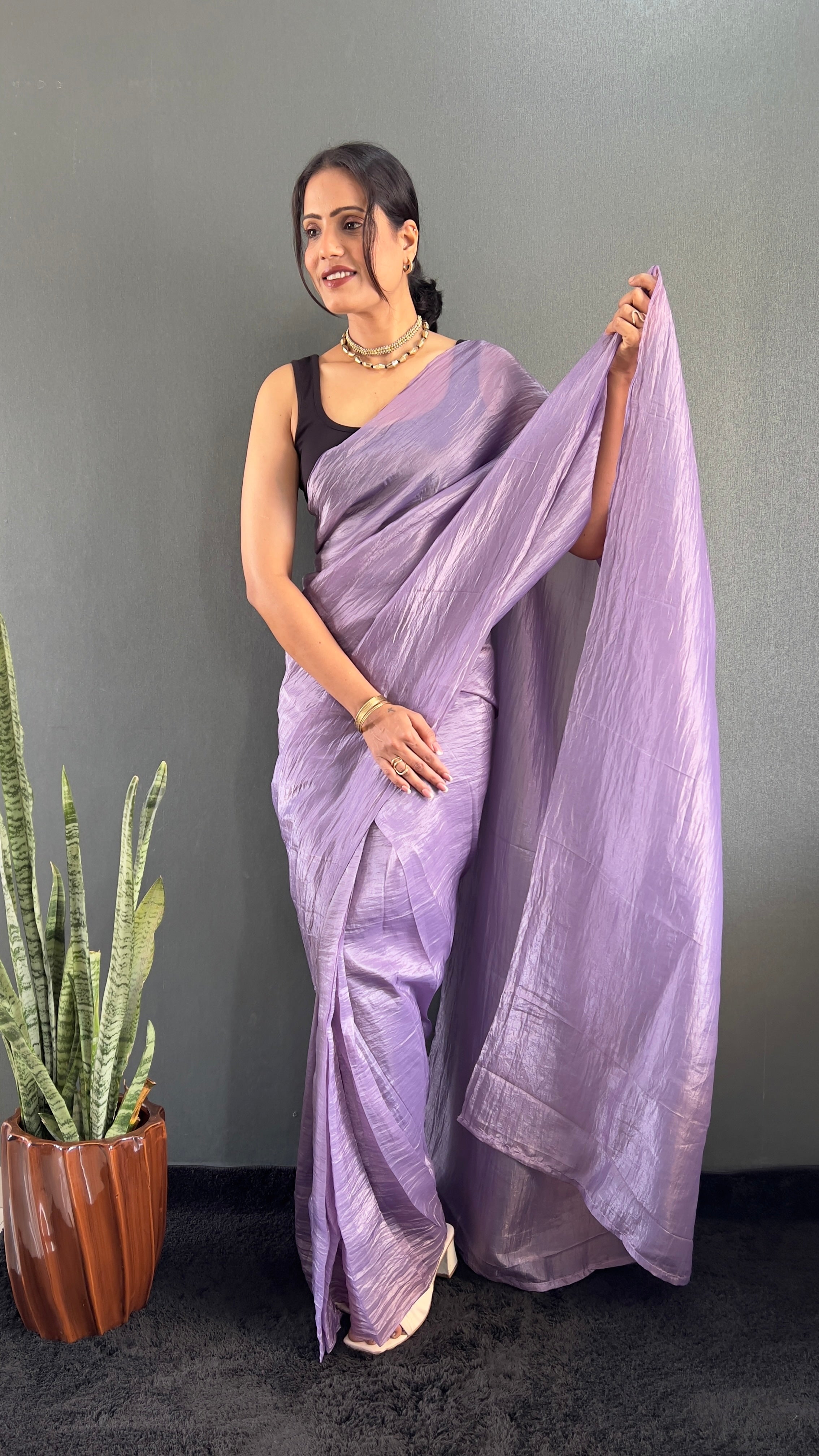Crush One Minute Ready To Wear Purple Saree With Unstiched Blouse