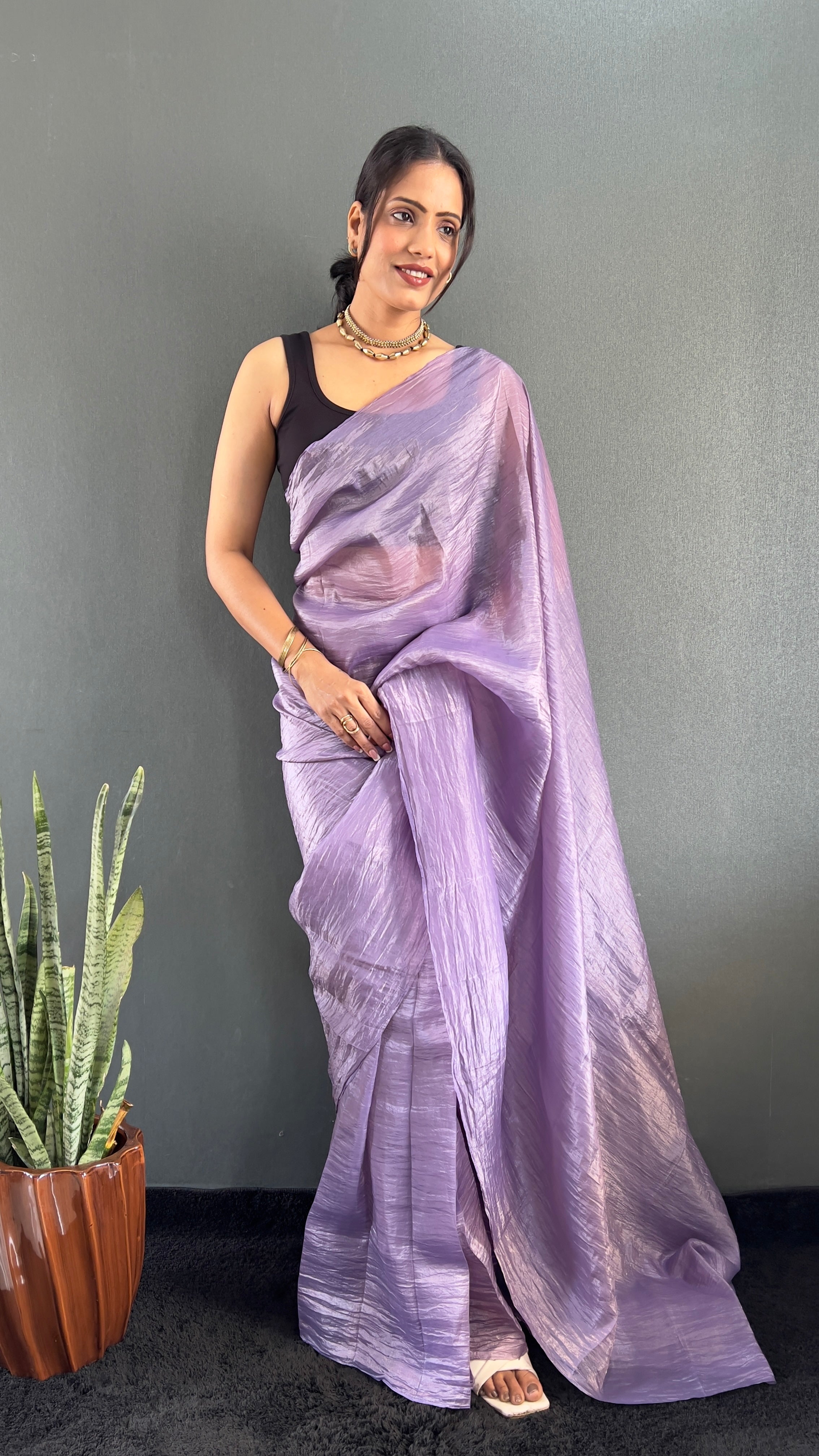 Crush One Minute Ready To Wear Purple Saree With Unstiched Blouse