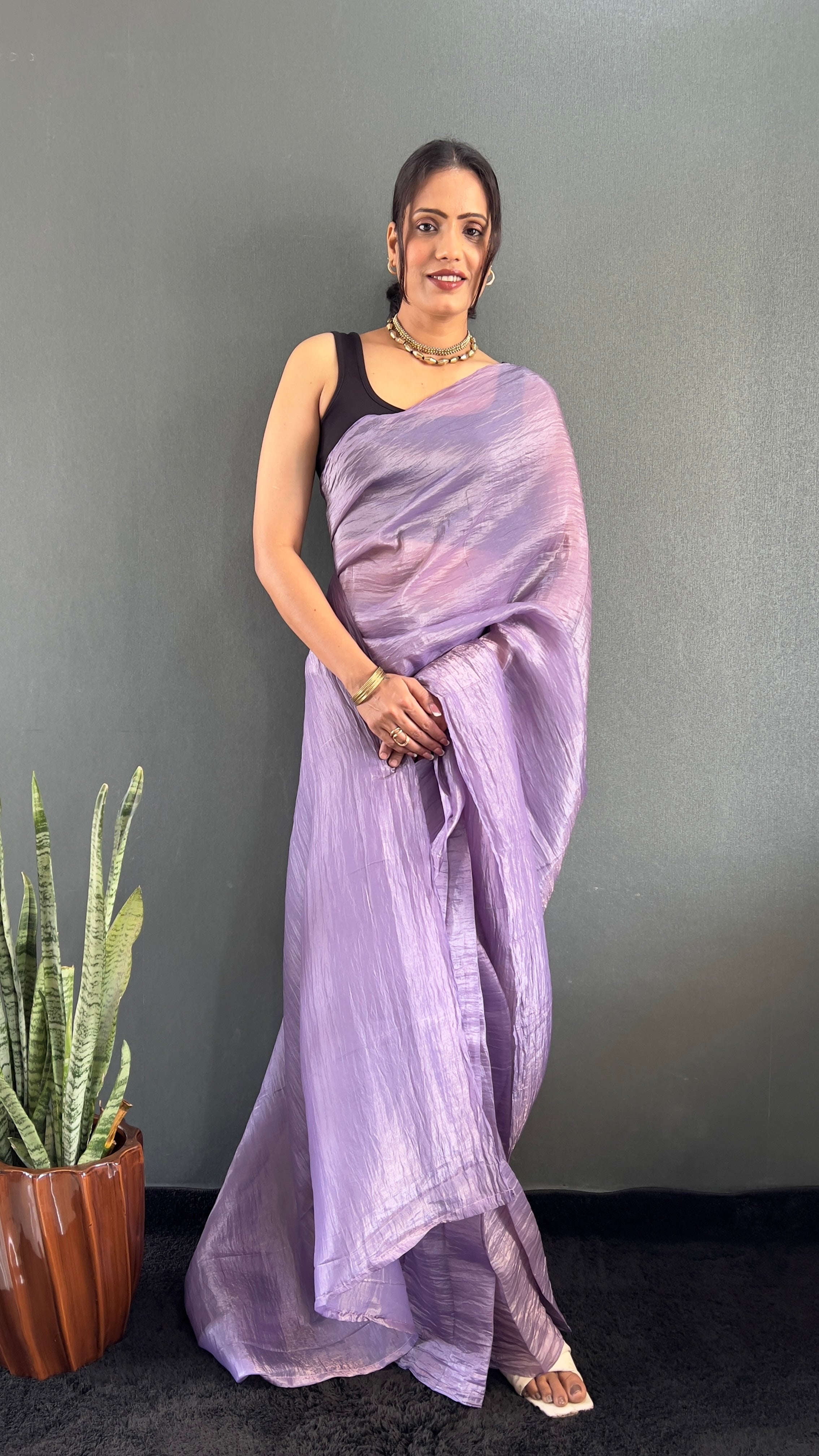 Crush One Minute Ready To Wear Purple Saree With Unstiched Blouse