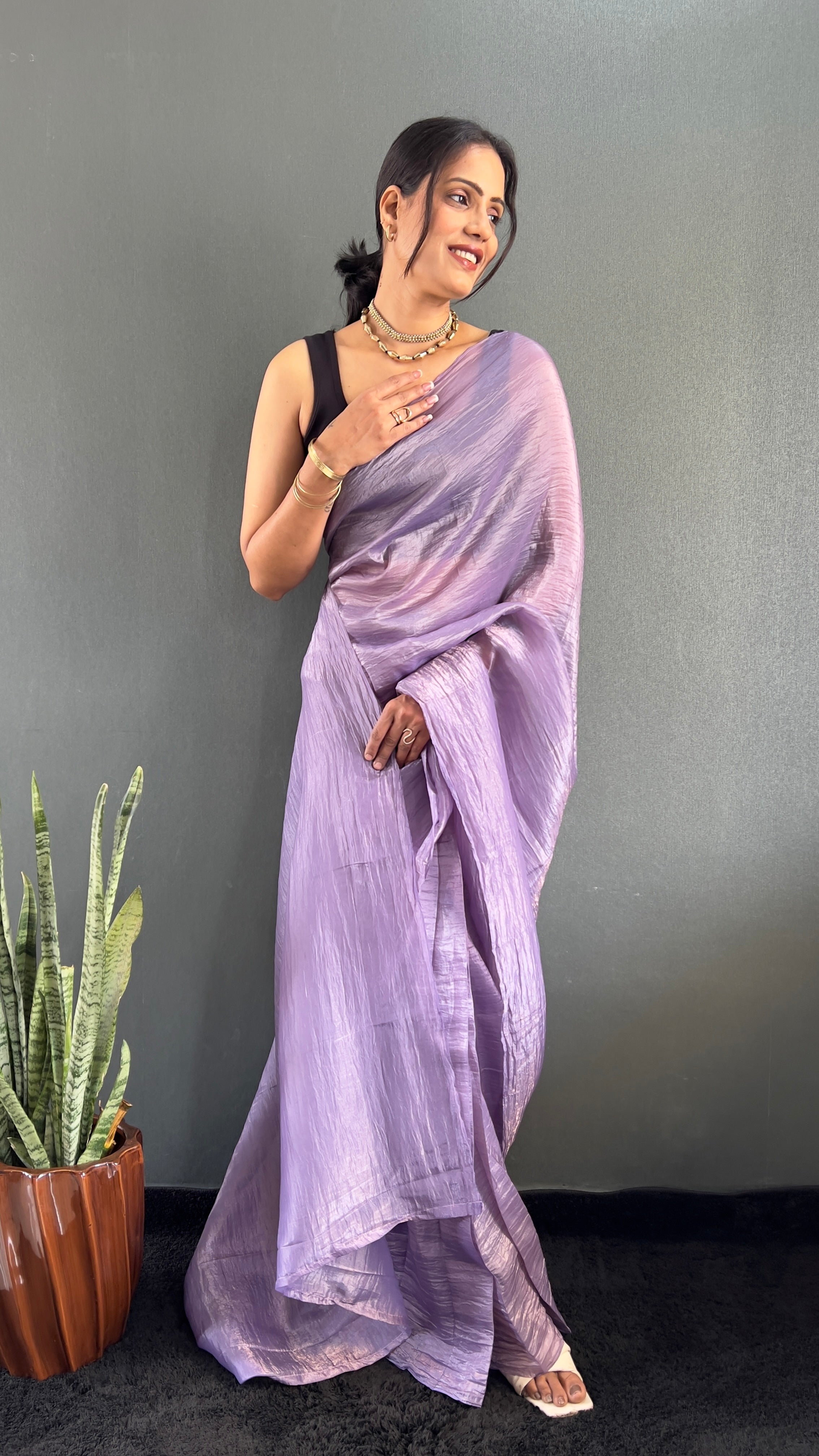 Crush One Minute Ready To Wear Purple Saree With Unstiched Blouse