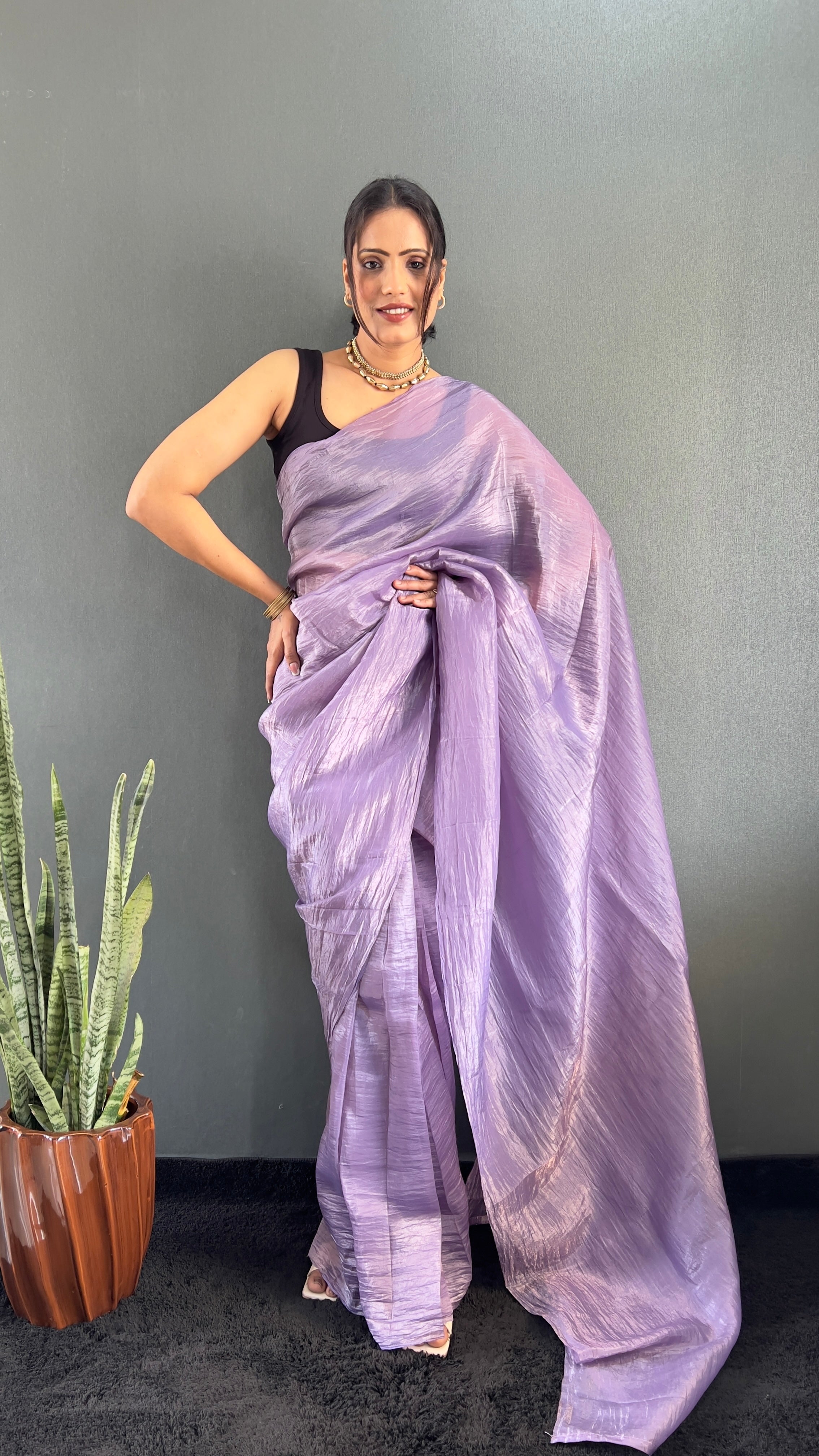 Crush One Minute Ready To Wear Purple Saree With Unstiched Blouse