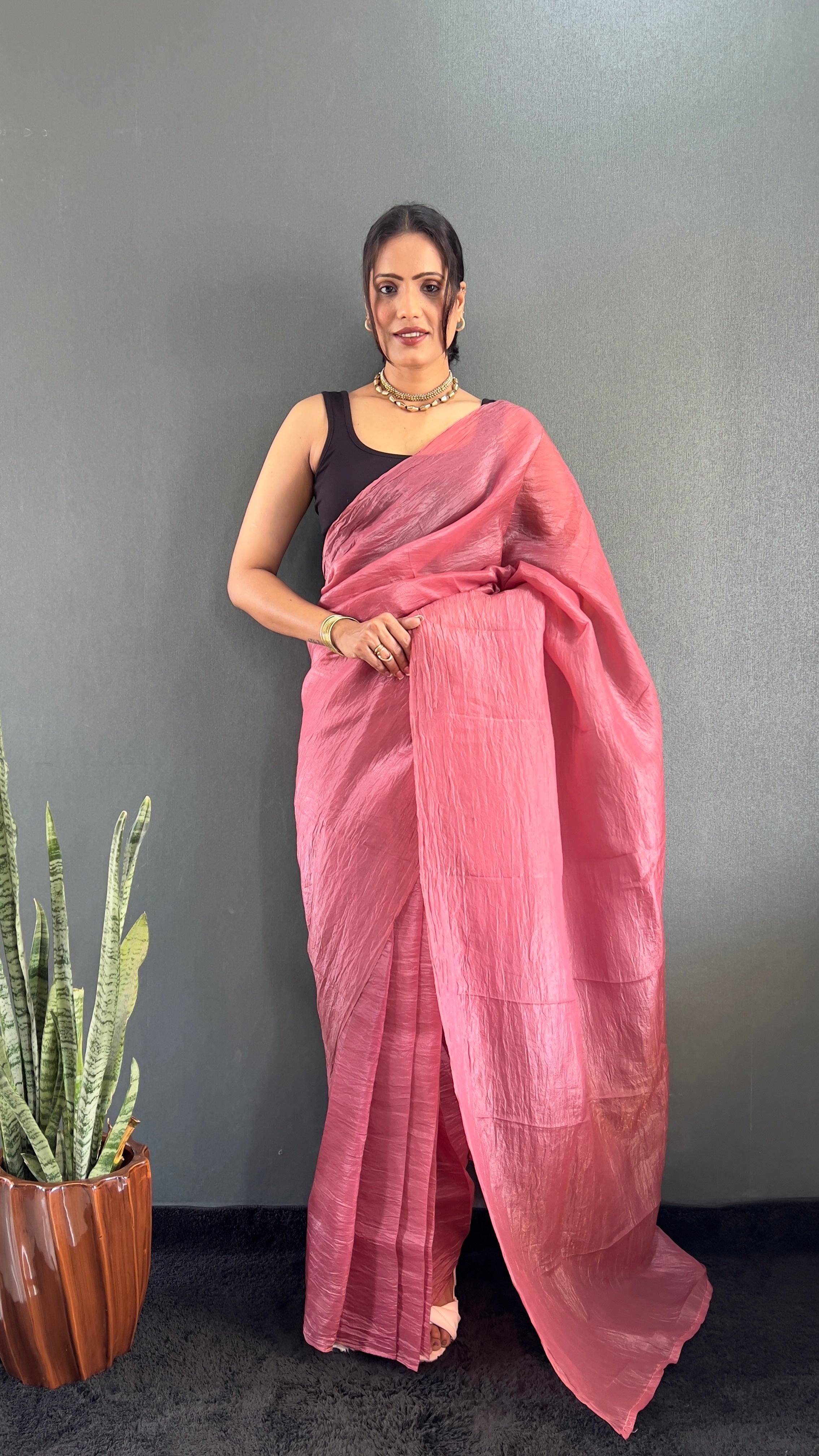 Crush One Minute Ready To Wear Pink Saree With Unstiched Blouse