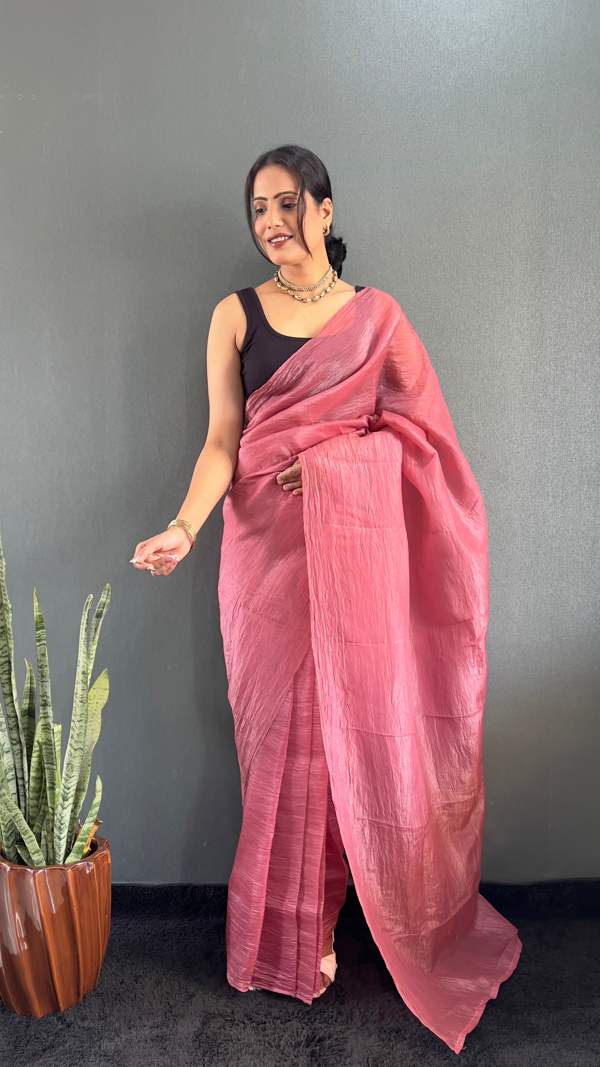 Crush One Minute Ready To Wear Pink Saree With Unstiched Blouse