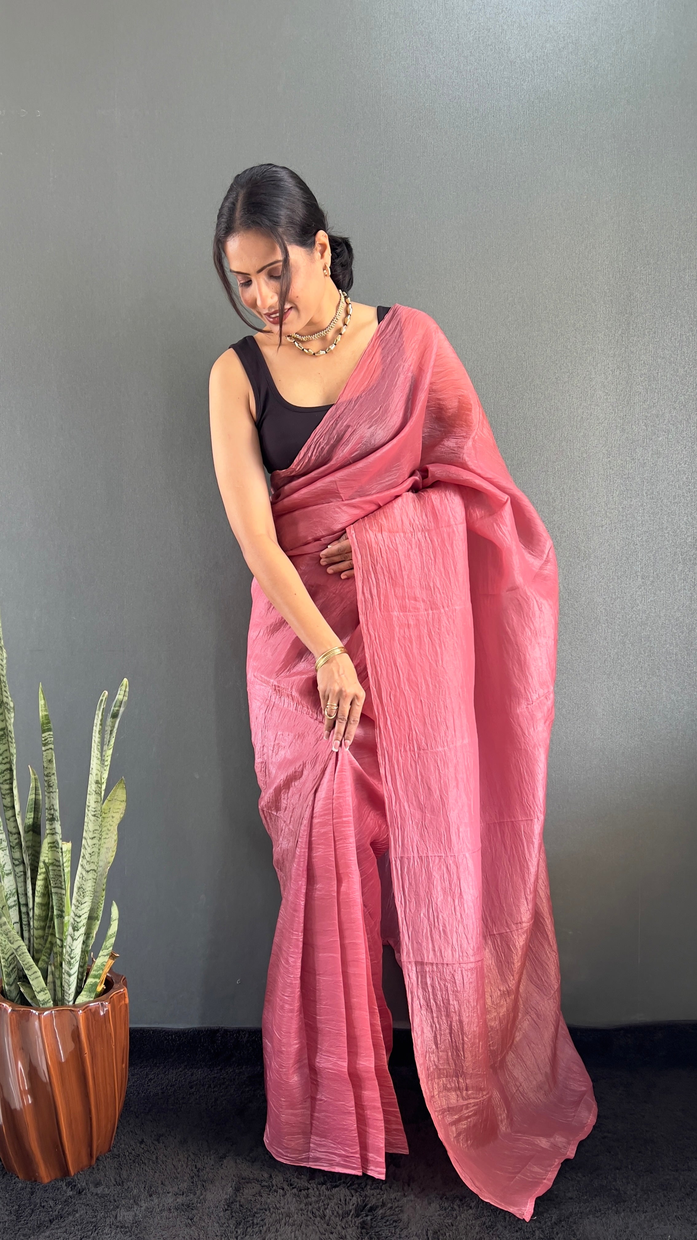 Crush One Minute Ready To Wear Pink Saree With Unstiched Blouse