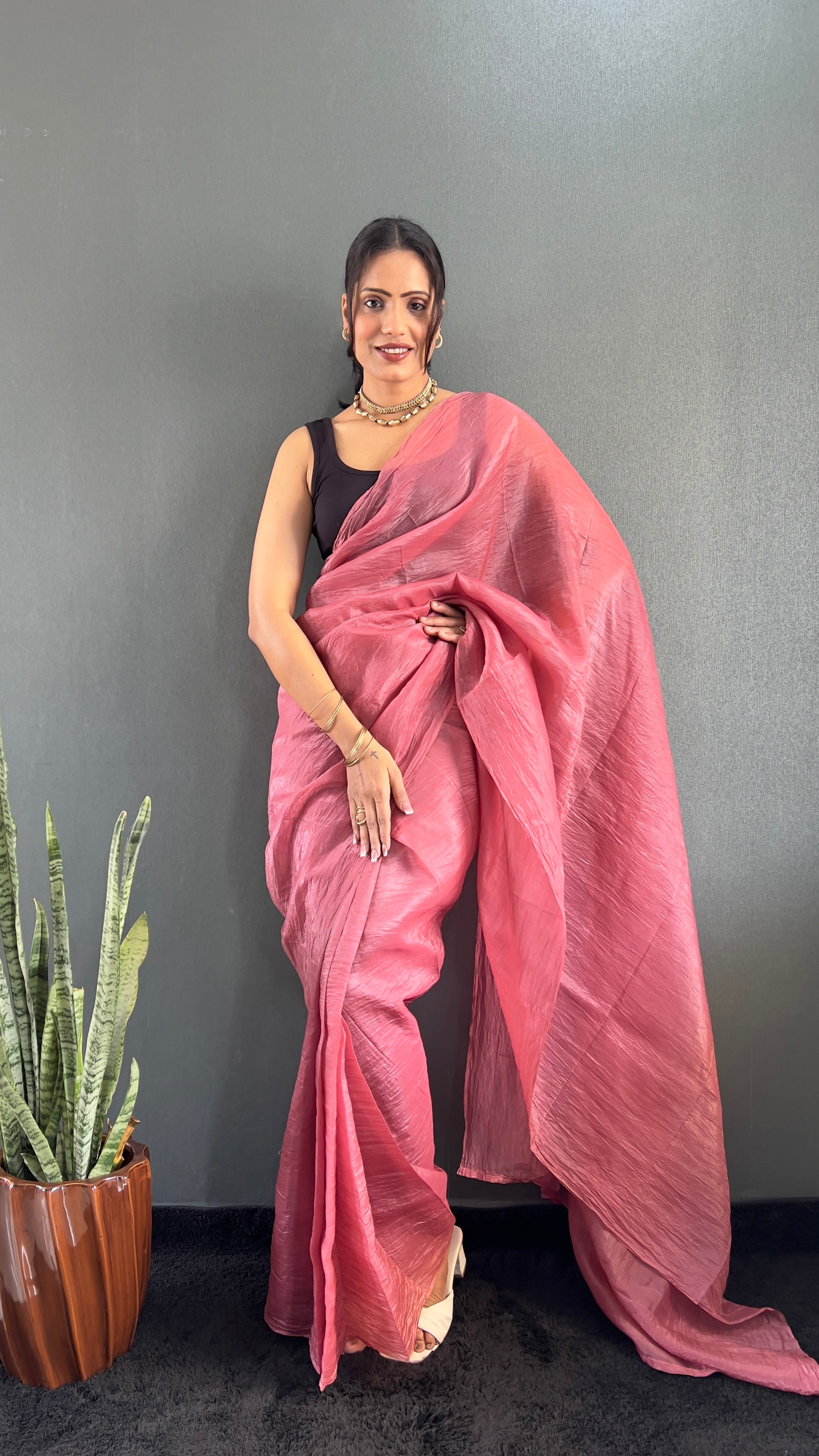 Crush One Minute Ready To Wear Pink Saree With Unstiched Blouse