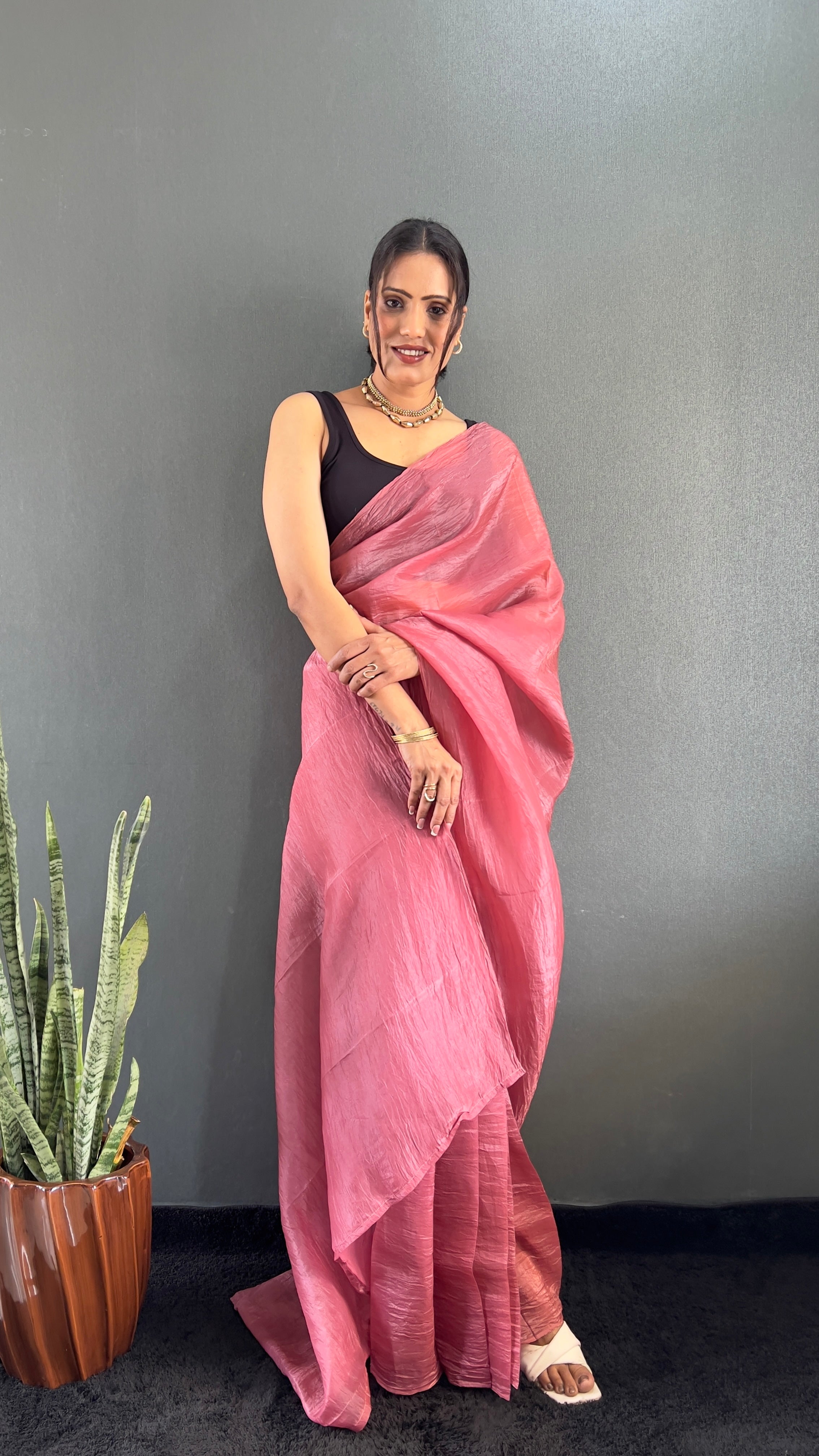 Crush One Minute Ready To Wear Pink Saree With Unstiched Blouse