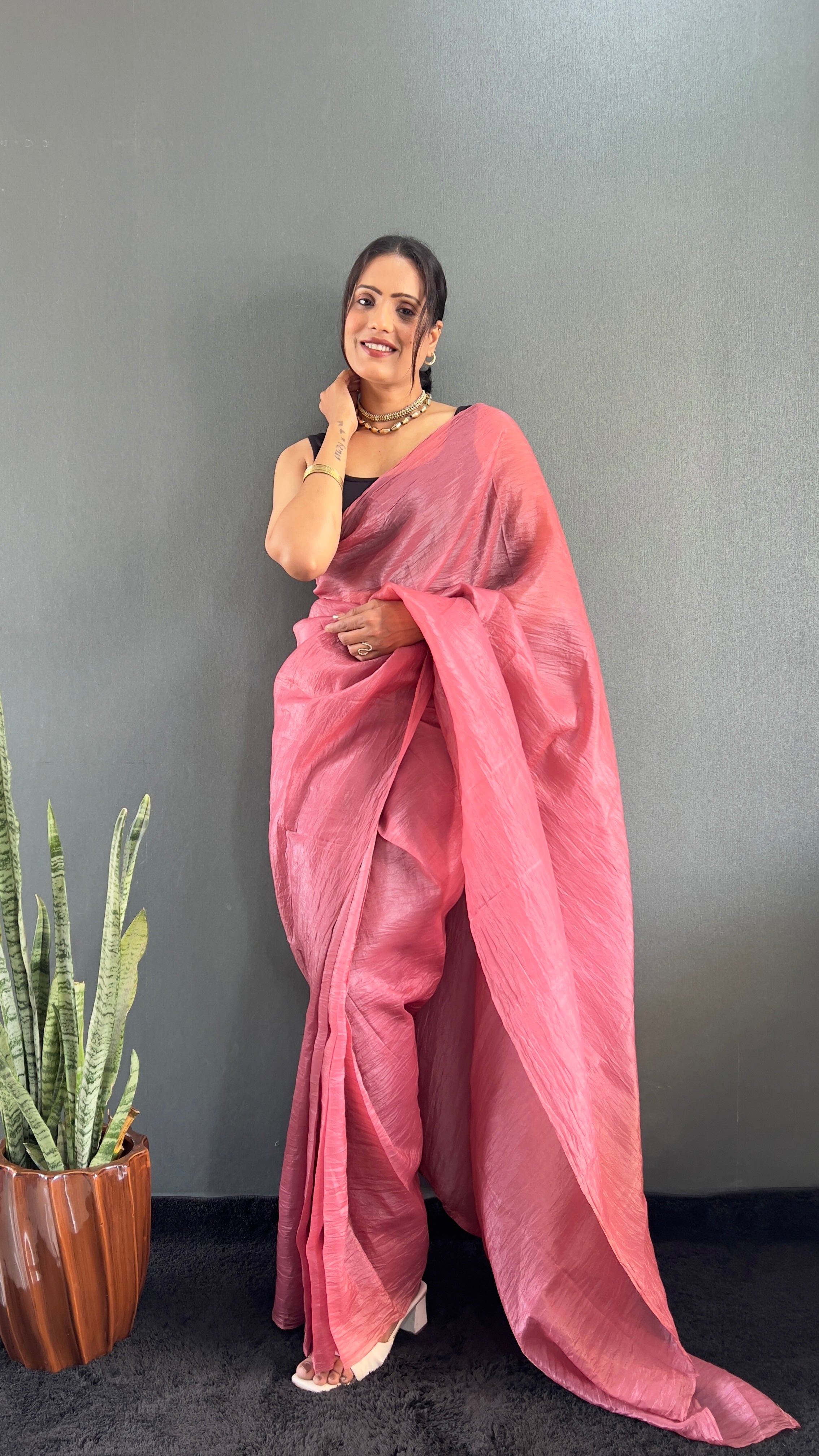 Crush One Minute Ready To Wear Pink Saree With Unstiched Blouse