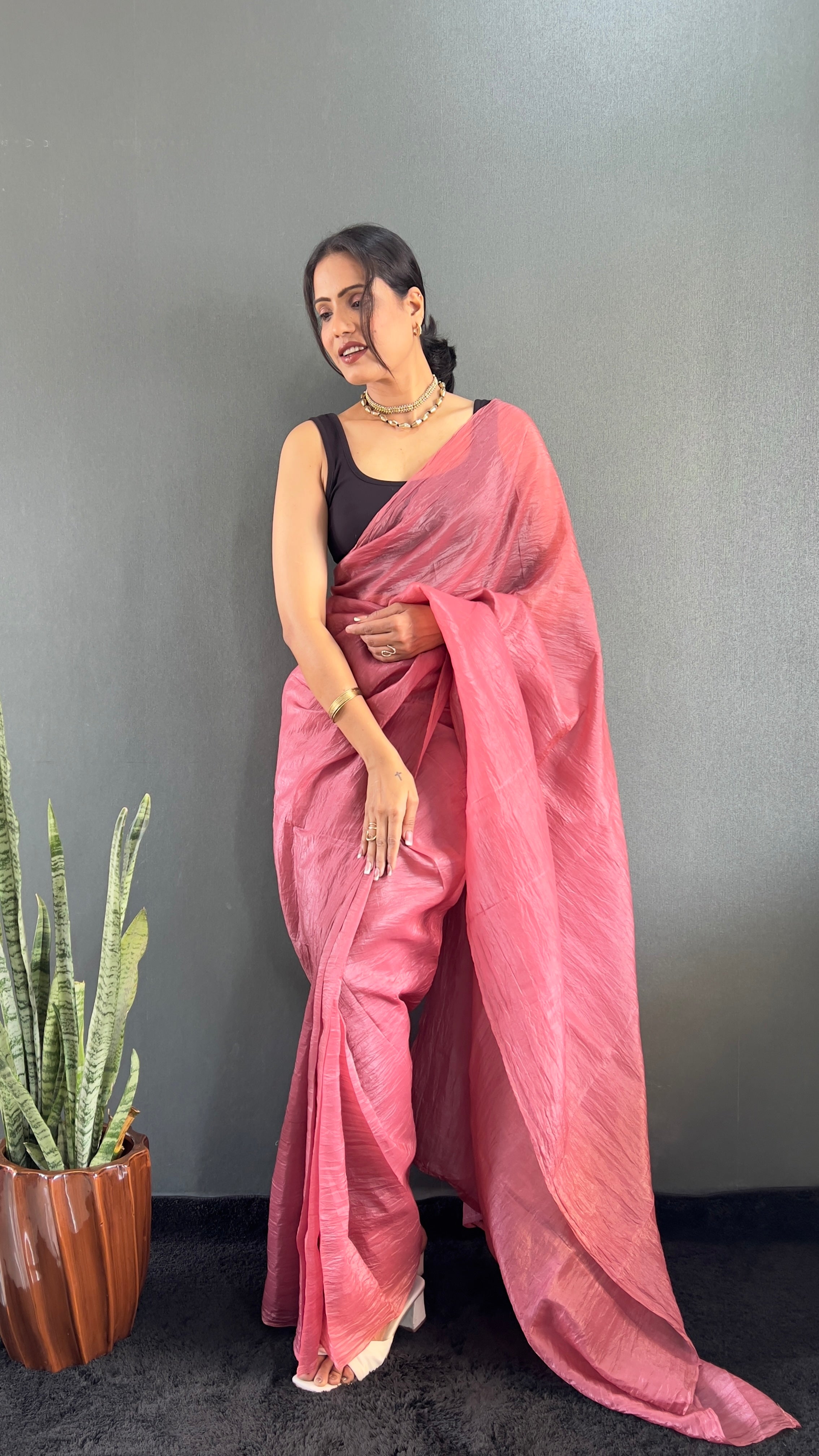 Crush One Minute Ready To Wear Pink Saree With Unstiched Blouse