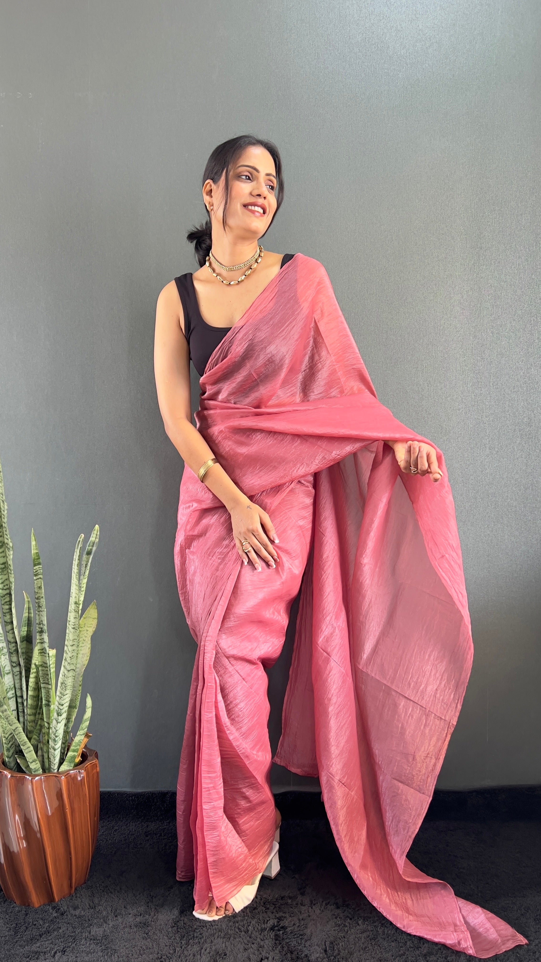 Crush One Minute Ready To Wear Pink Saree With Unstiched Blouse