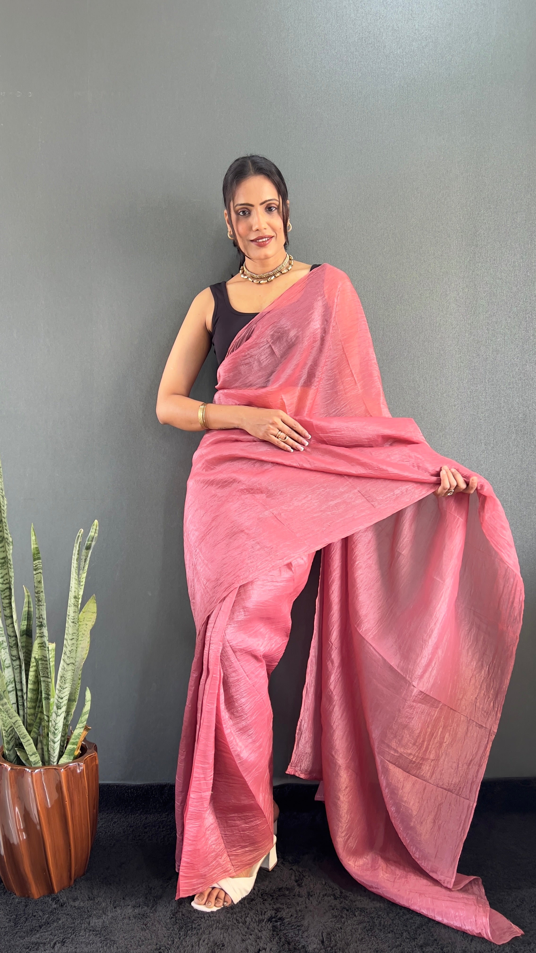 Crush One Minute Ready To Wear Pink Saree With Unstiched Blouse