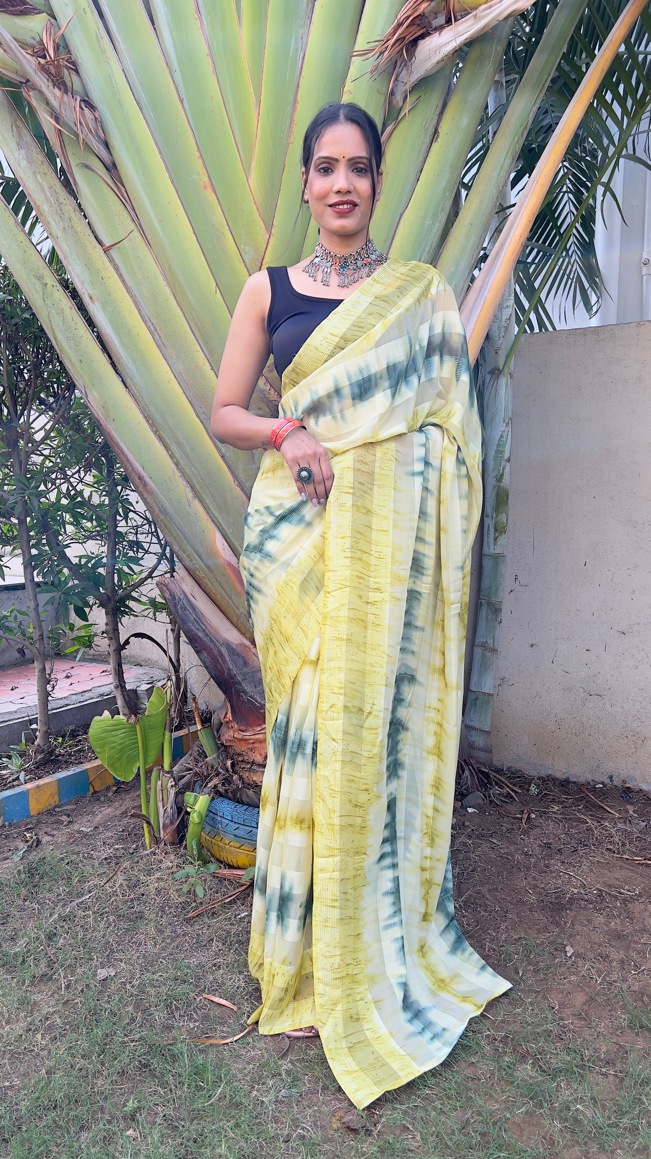 One Minute Ready to Wear New Premium Quelity Shibori Lemon Yellow Saree Divashree